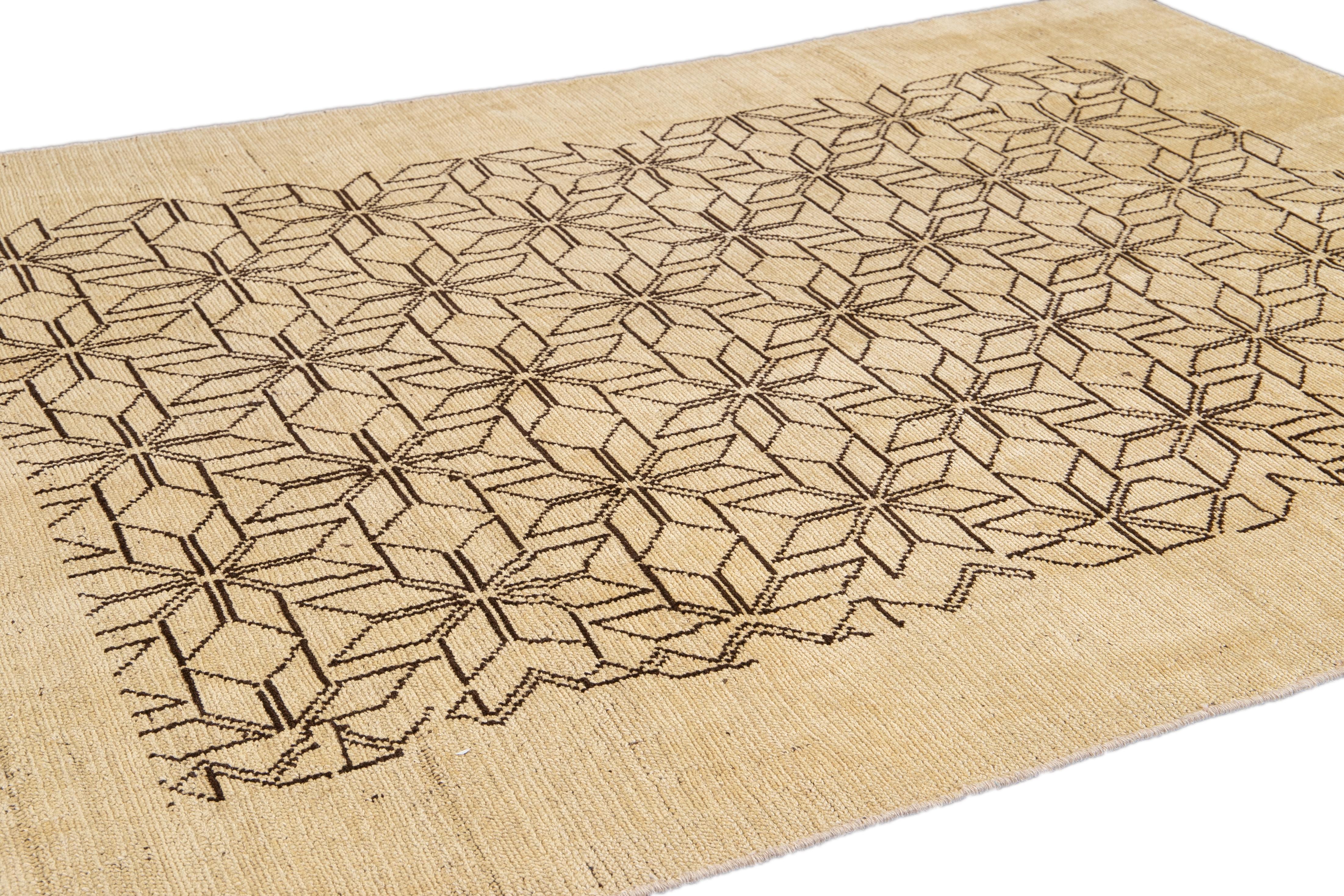 Hand-Knotted Modern Beige Deco Style Handmade Geometric Floral Wool Rug For Sale
