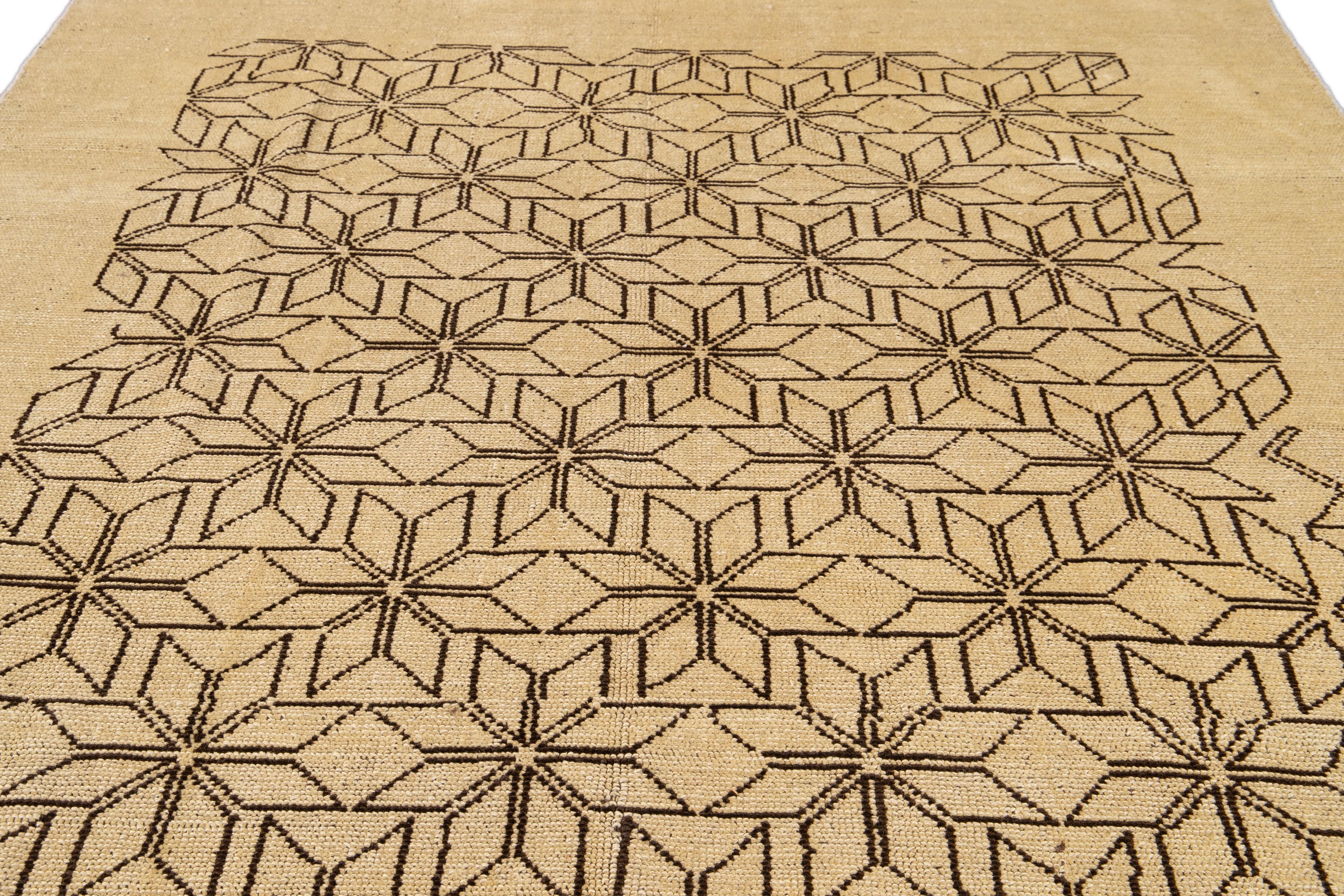 Contemporary Modern Beige Deco Style Handmade Geometric Floral Wool Rug For Sale
