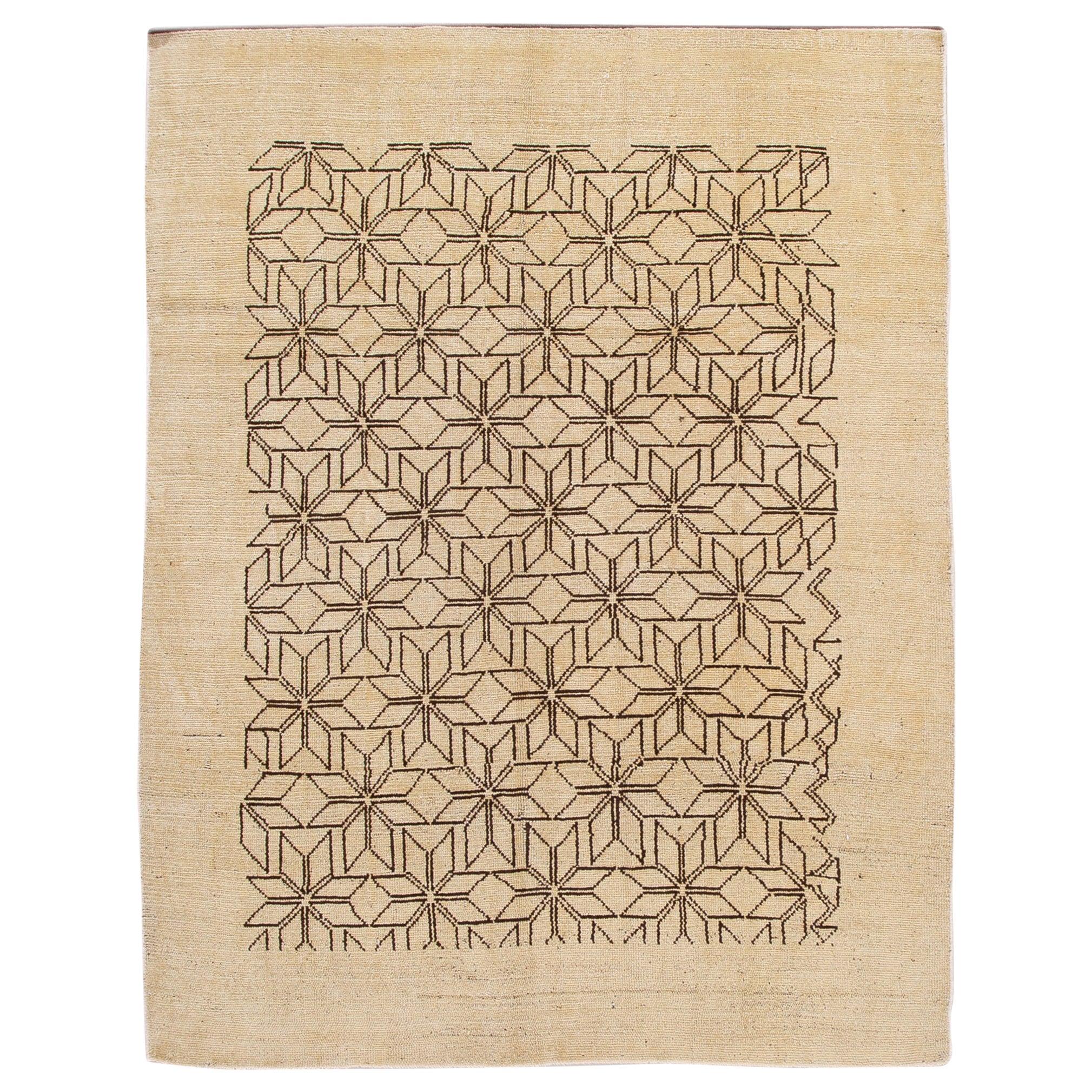 Modern Beige Deco Style Handmade Geometric Floral Wool Rug For Sale