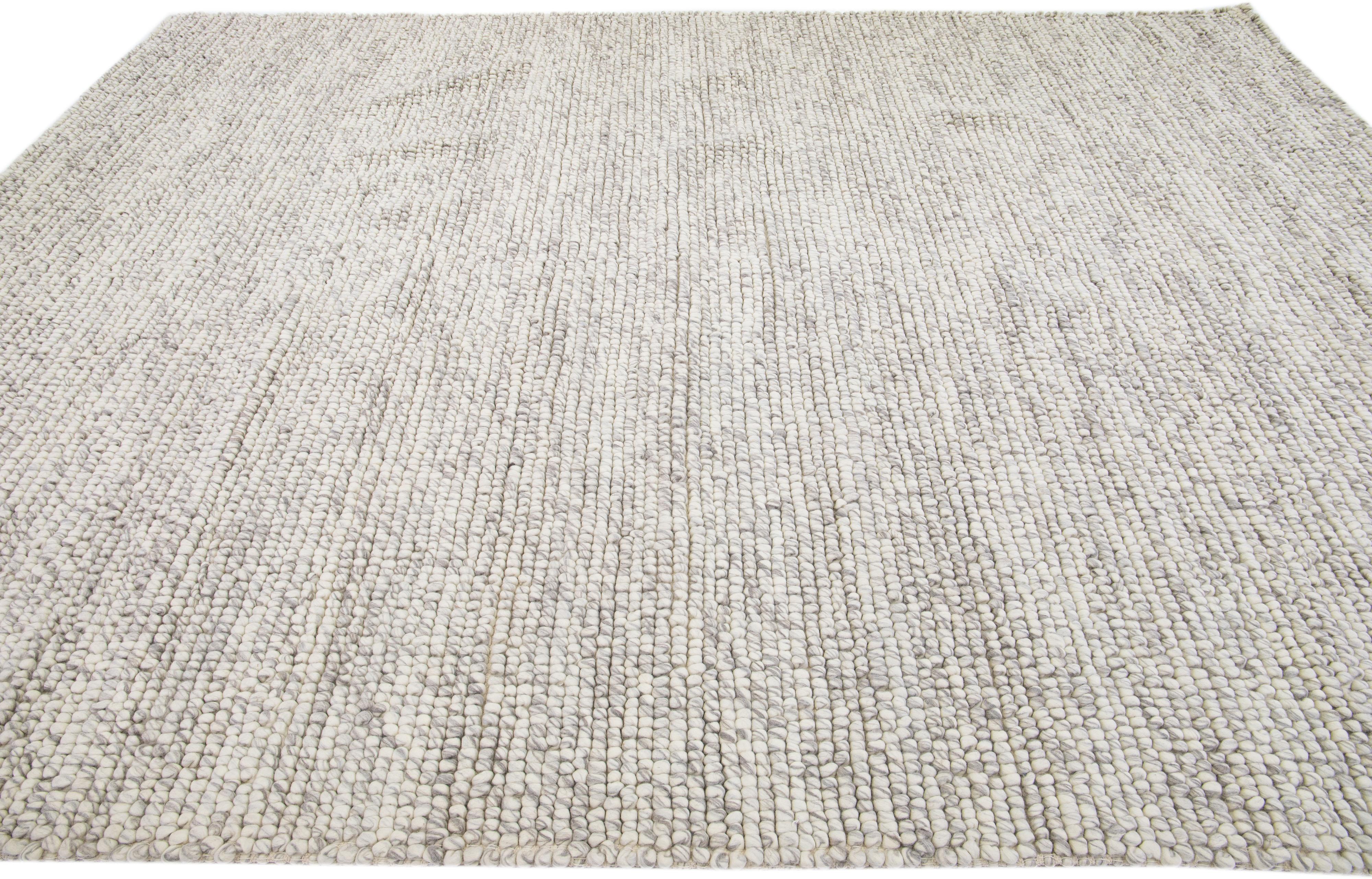 Indian  Modern Beige  Felted Textuted Wool Rug By Apadana For Sale