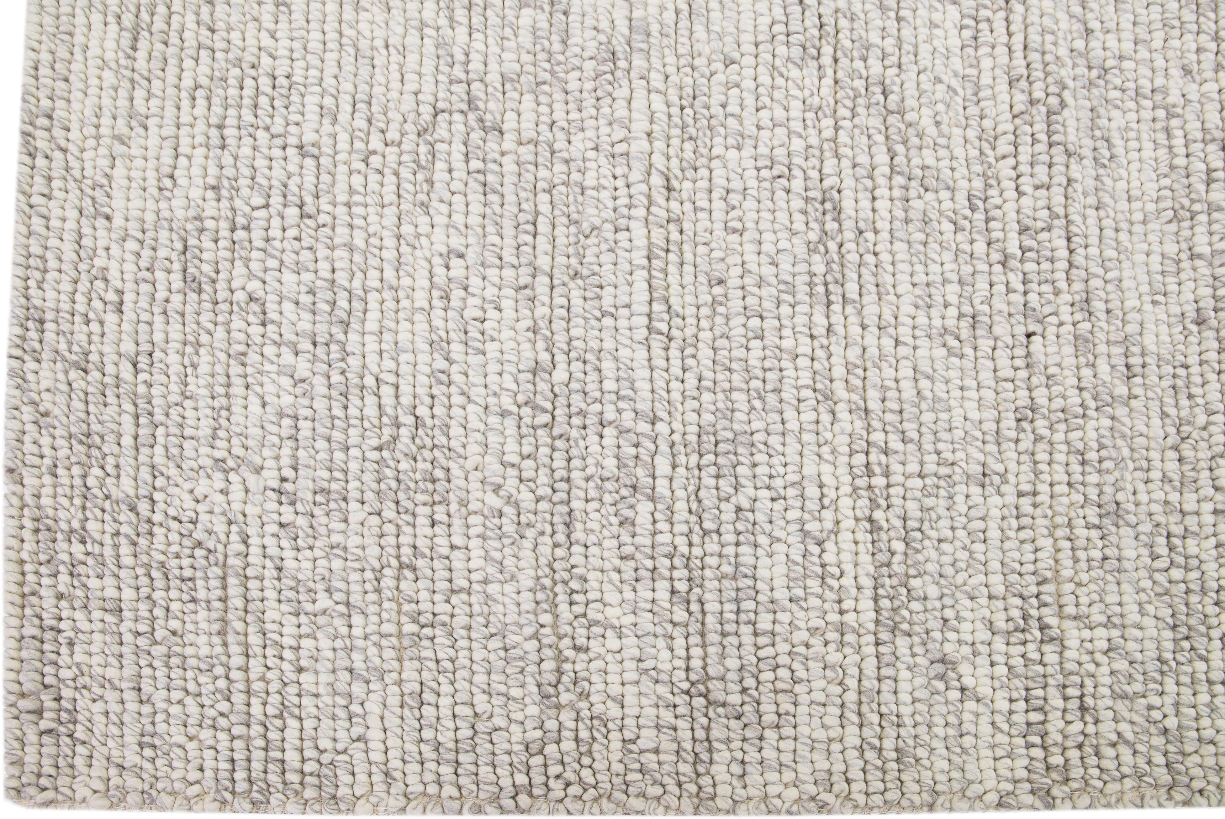Hand-Woven  Modern Beige  Felted Textuted Wool Rug By Apadana For Sale