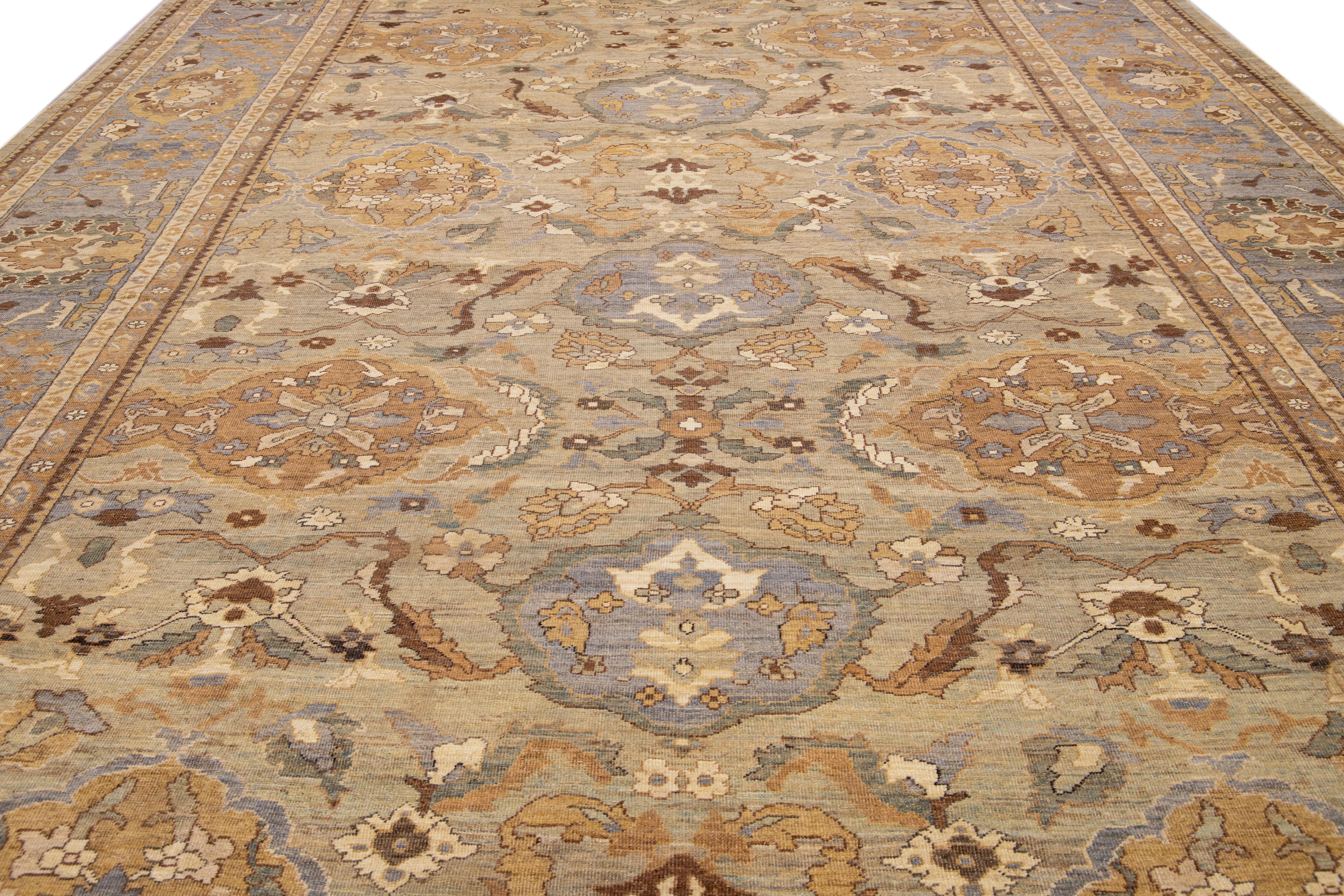 Persian Modern Beige Handmade Sultanabad Floral Pattern Oversize Wool Rug For Sale
