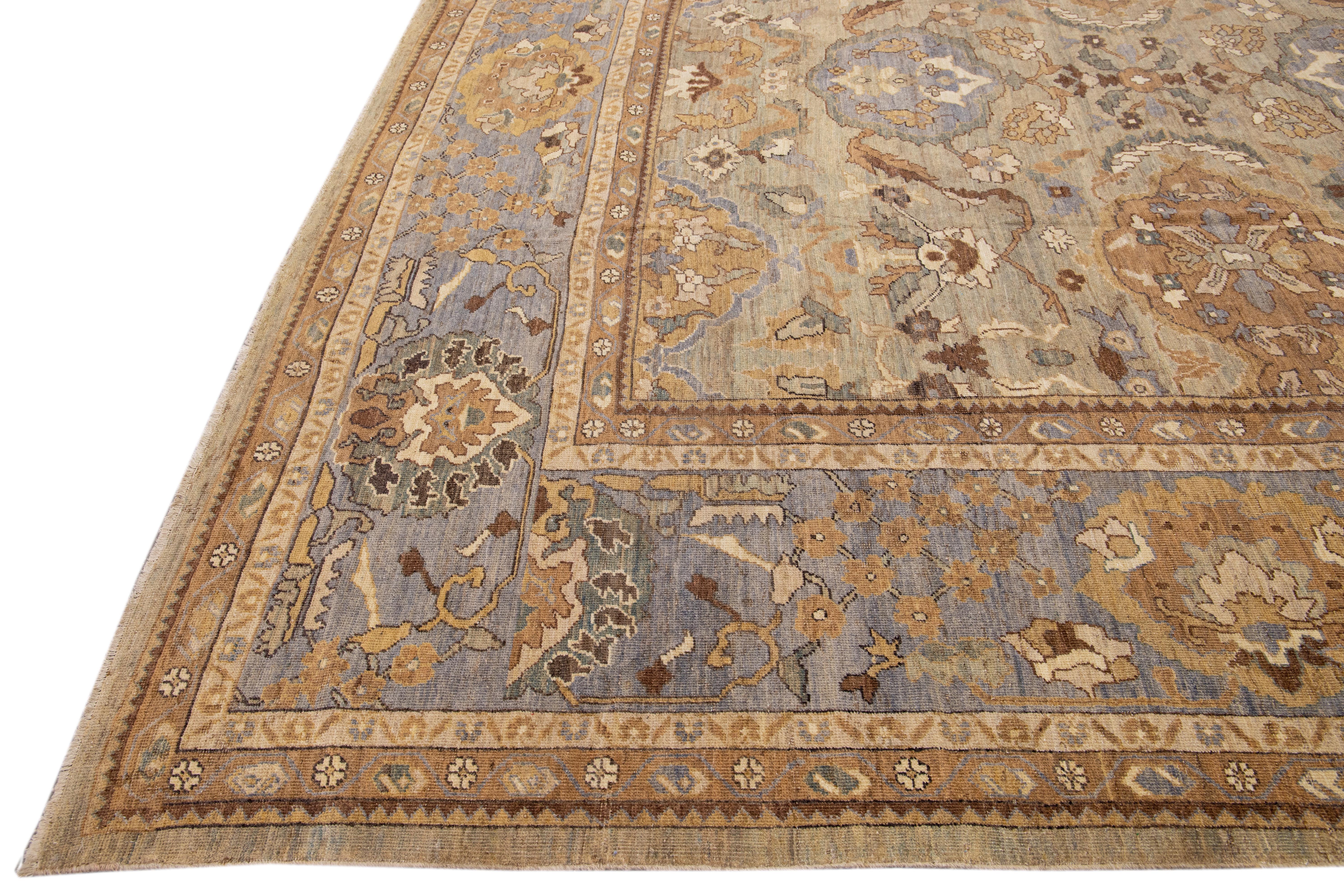 Hand-Knotted Modern Beige Handmade Sultanabad Floral Pattern Oversize Wool Rug For Sale