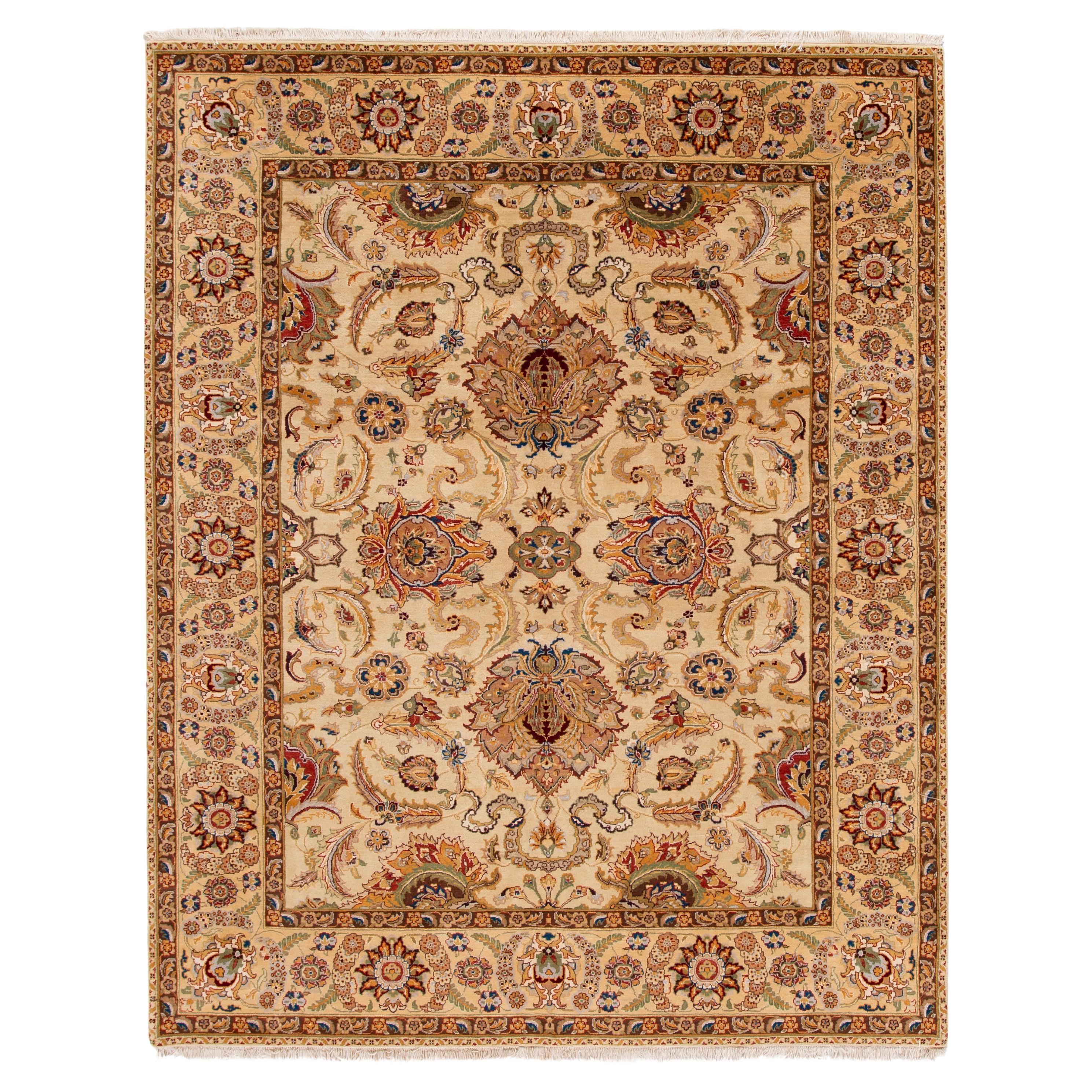 Modern Beige Indian Peshawar Wool Rug With Allover Design