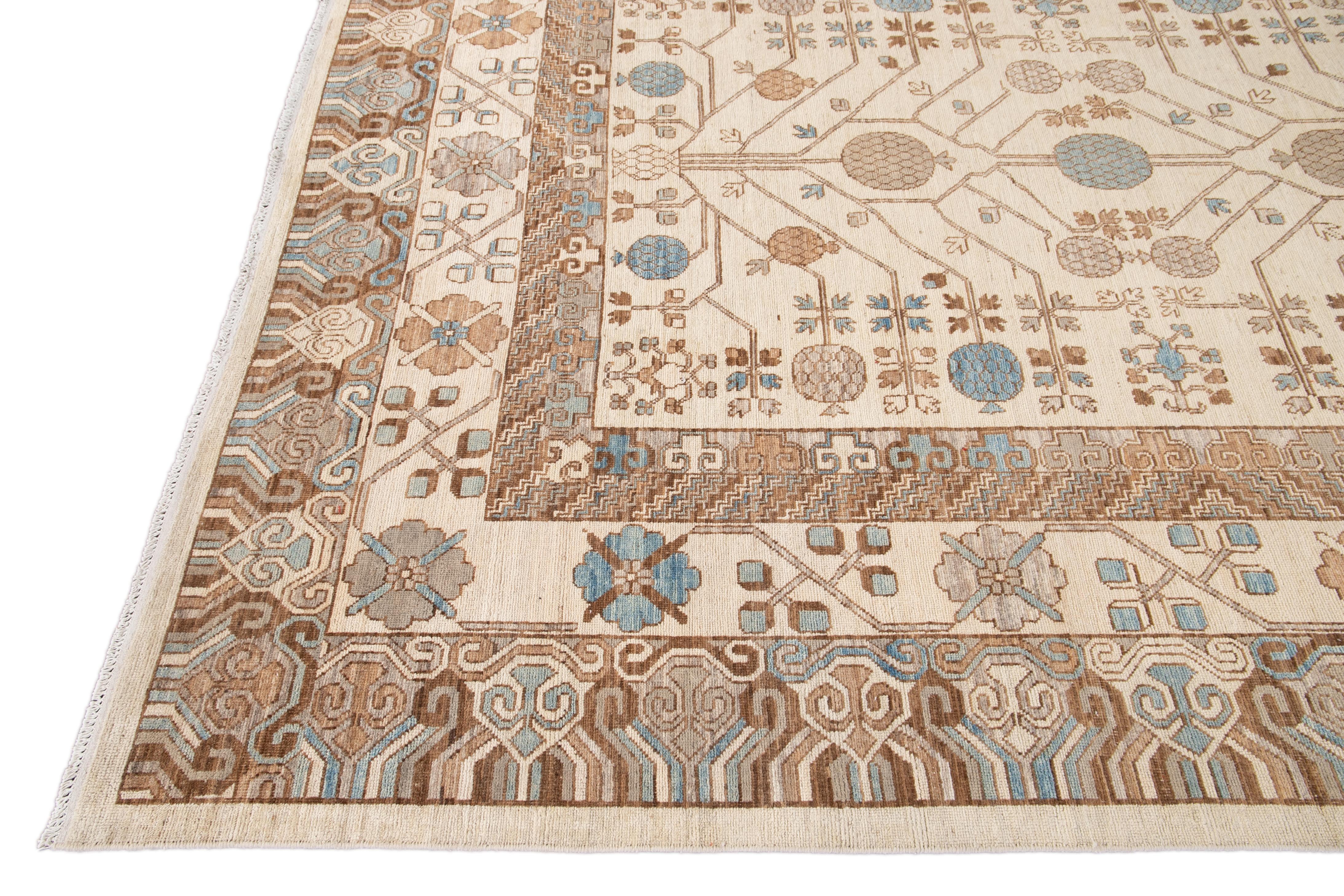 Hand-Knotted Modern Beige Khotan Style Handmade Geometric Wool Rug For Sale