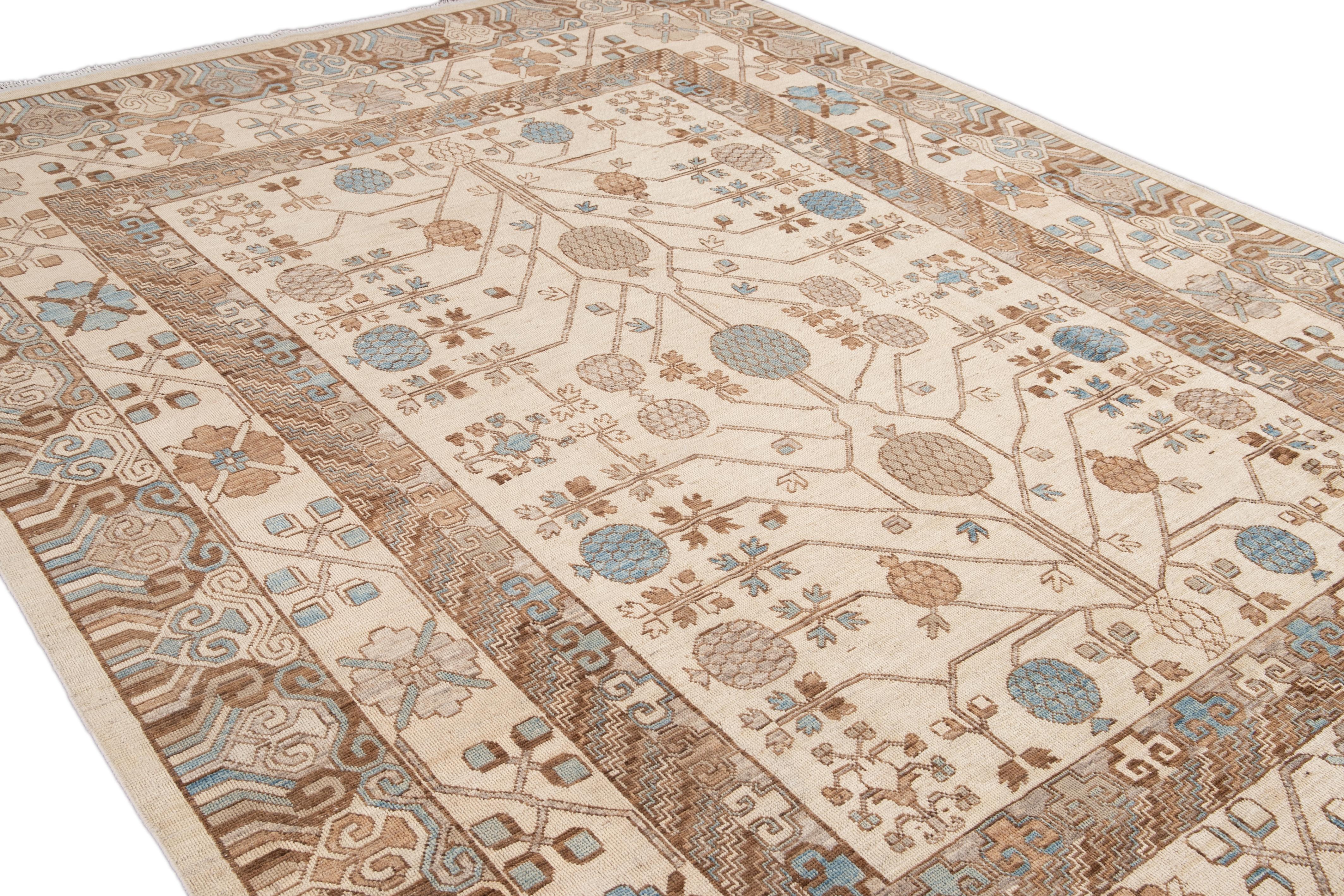 Contemporary Modern Beige Khotan Style Handmade Geometric Wool Rug For Sale