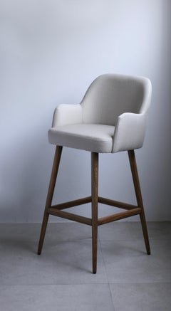 Modern Beige Linen Bar Arm Stool with Oak Base