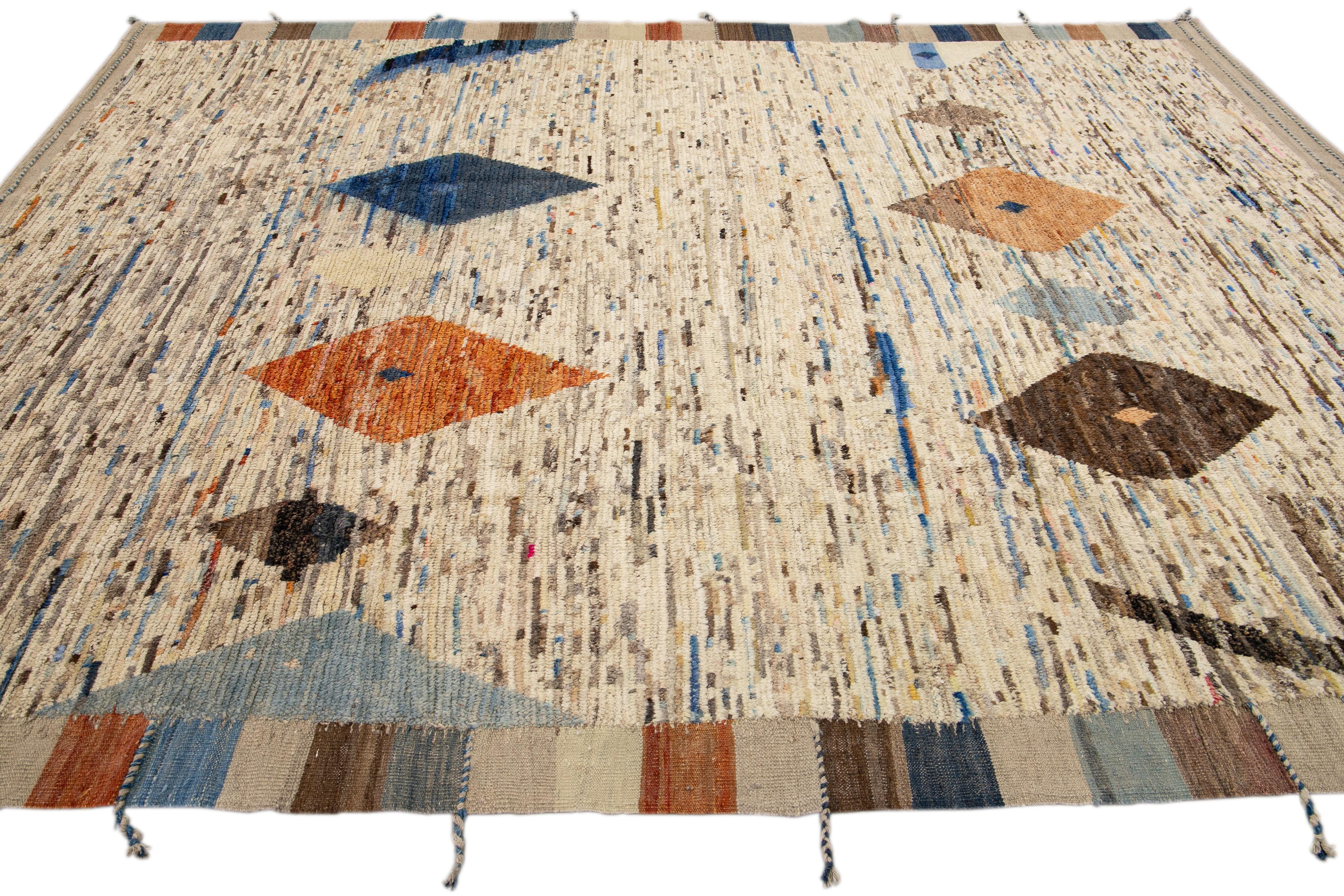 Hand-Knotted Modern Beige Moroccan Style Handmade Boho Designed Wool Rug For Sale
