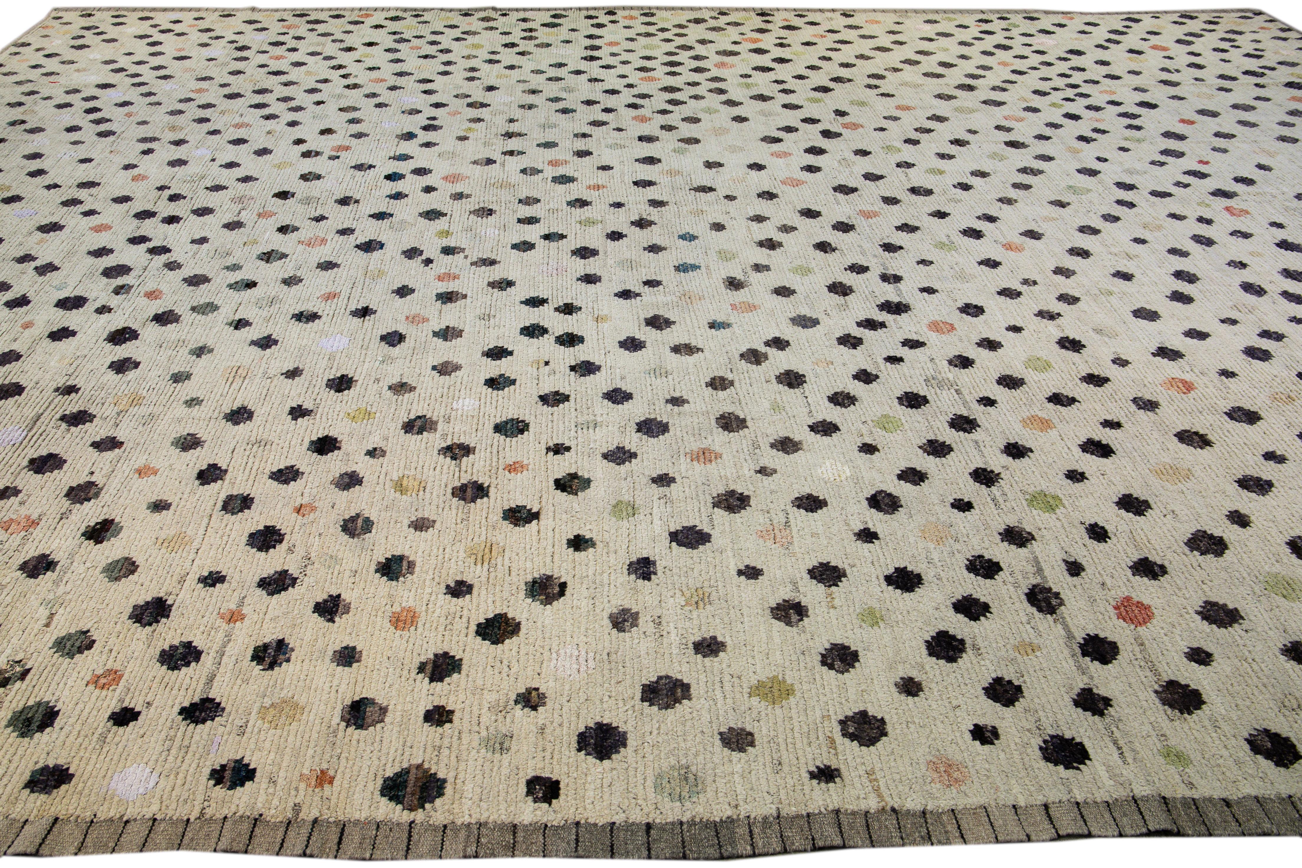 Modern Beige Moroccan Style Handmade Boho Dots Designed Wool Rug In New Condition For Sale In Norwalk, CT