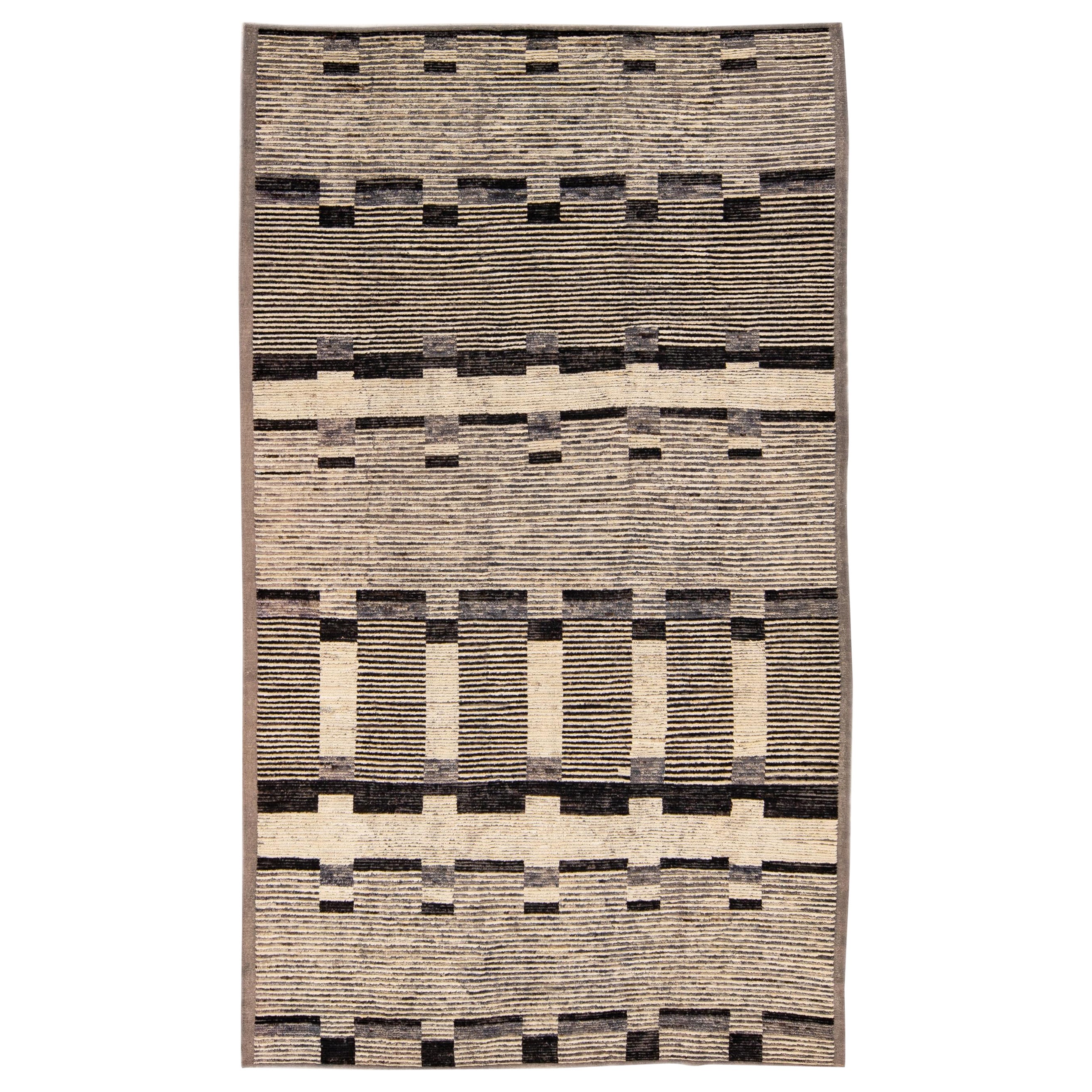 Modern Beige Moroccan Style Handmade Brown Geometric Pattern Wool Rug