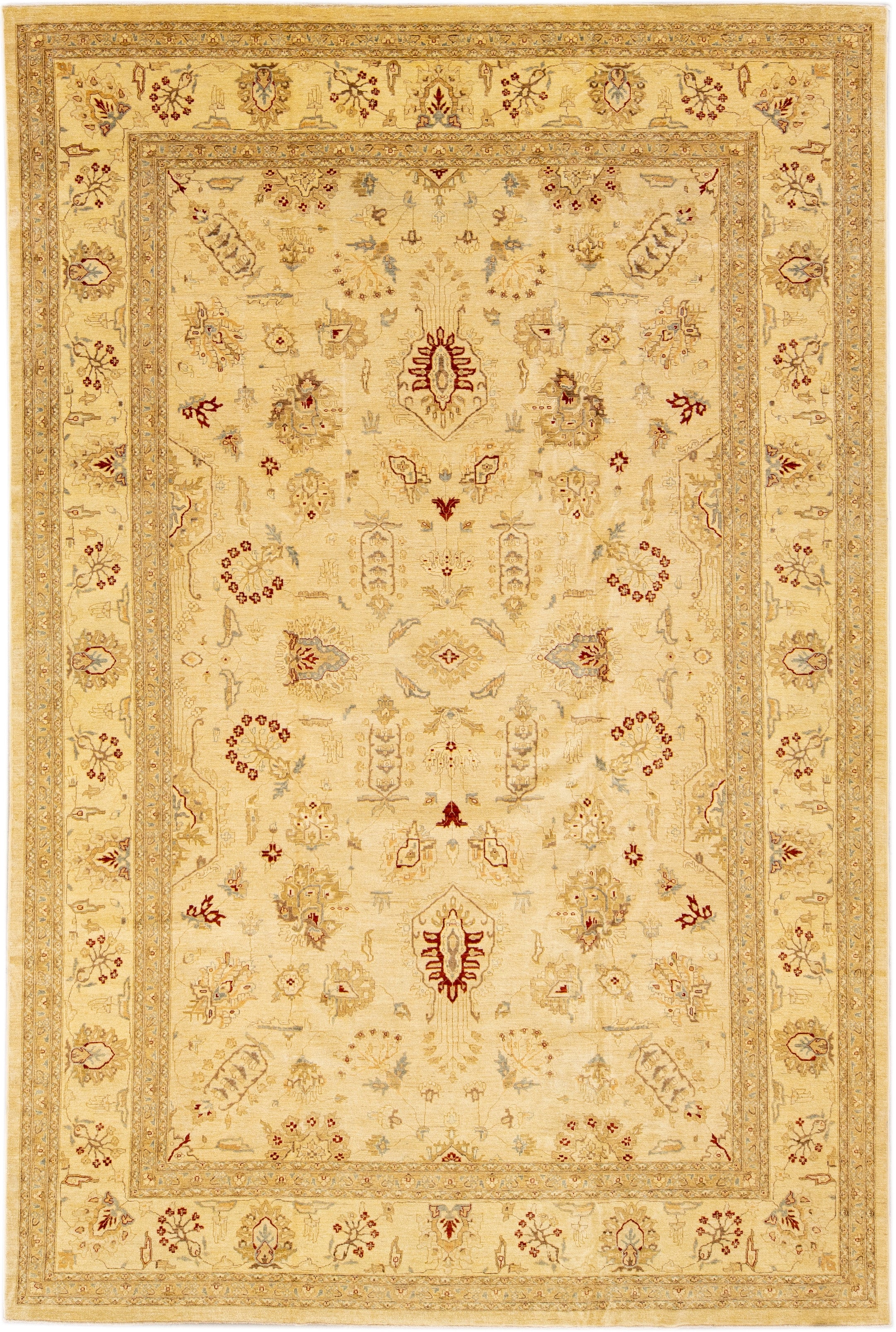 Alfombra moderna de lana beige Peshawar hecha a mano con diseño de palmetas sobredimensionadas