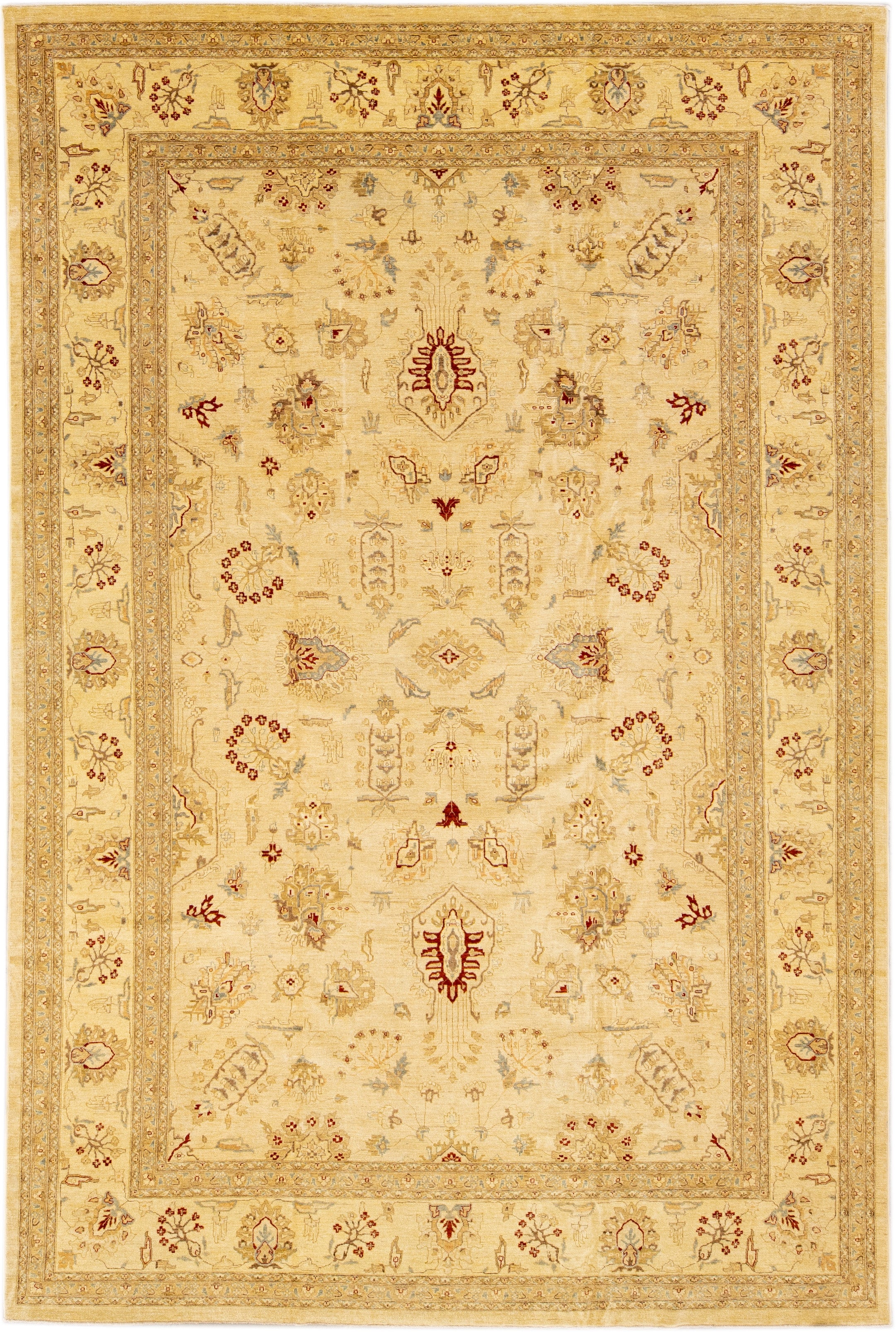 Modern Beige Peshawar Handmade Palmettes Pattern Oversize Wool Rug For Sale