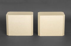 Pair of Modern Beige Stone Pedestal Tables, Rectangular With Canted Corners