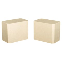 Pair of Modern Beige Stone Pedestal Tables, Rectangular With Canted Corners