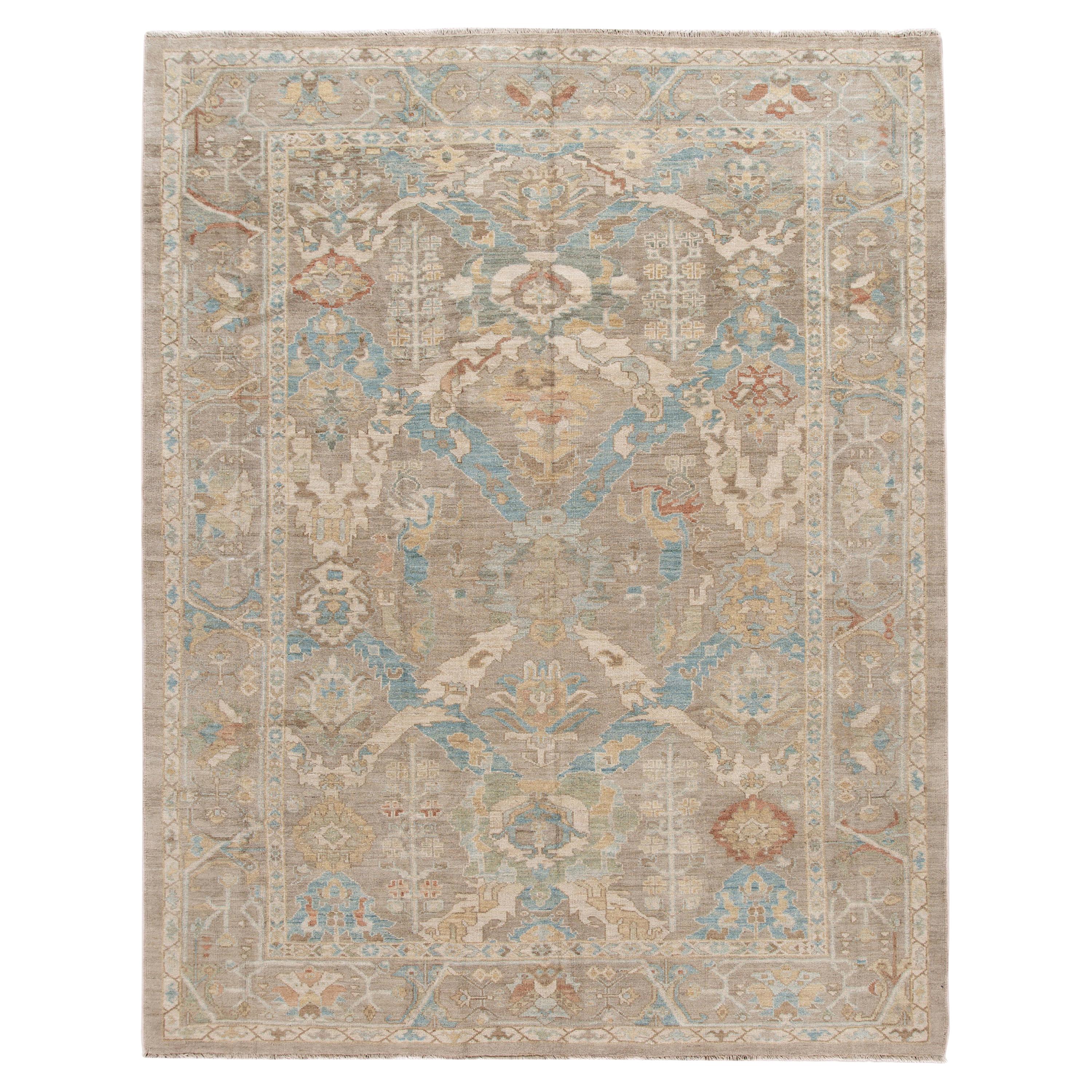 Tapis moderne en laine beige Sultanabad à motifs floraux faits à la main