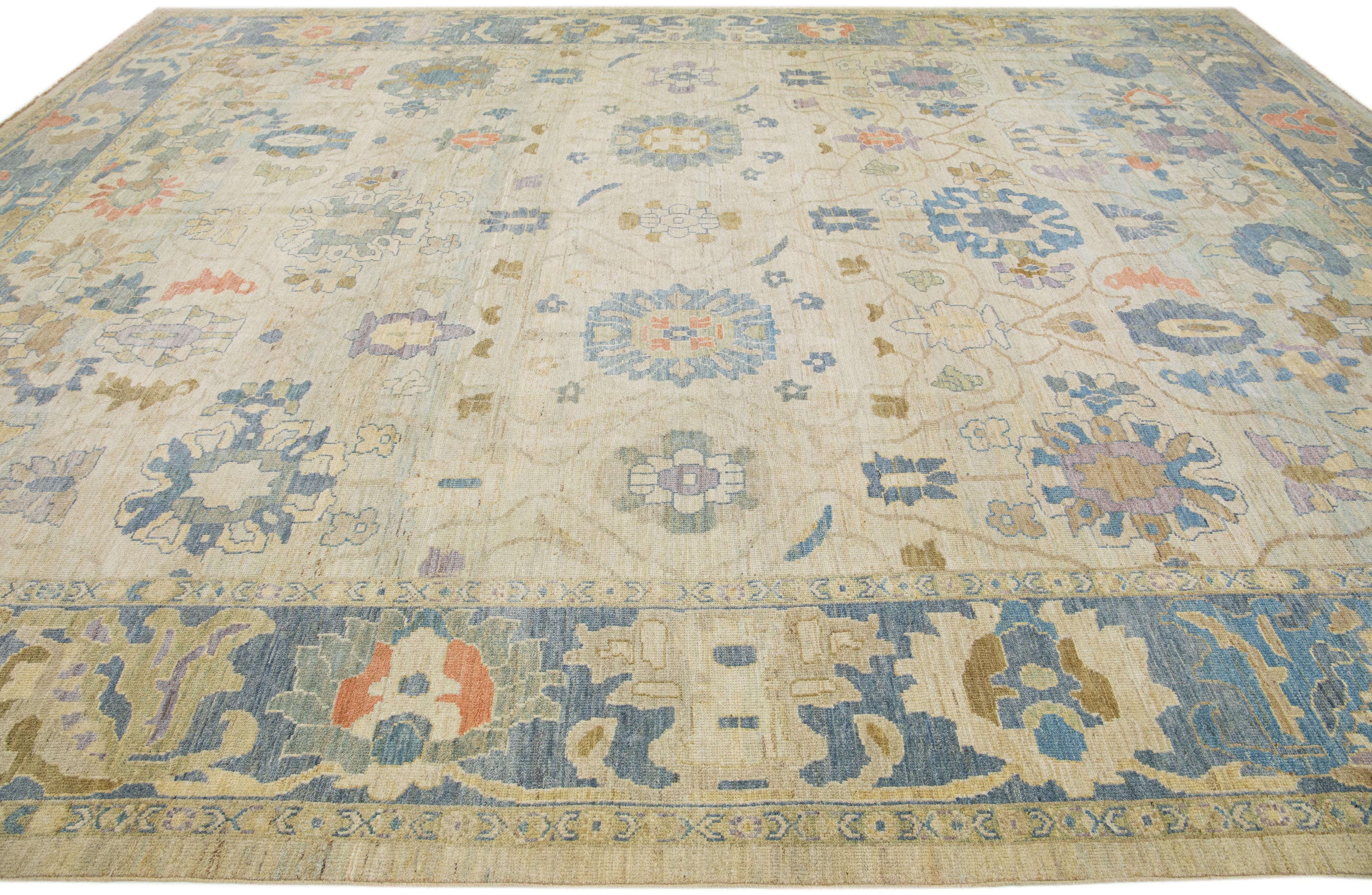 Hand-Knotted Modern Beige Sultanabad Wool Rug with Multicolor Floral Motif For Sale