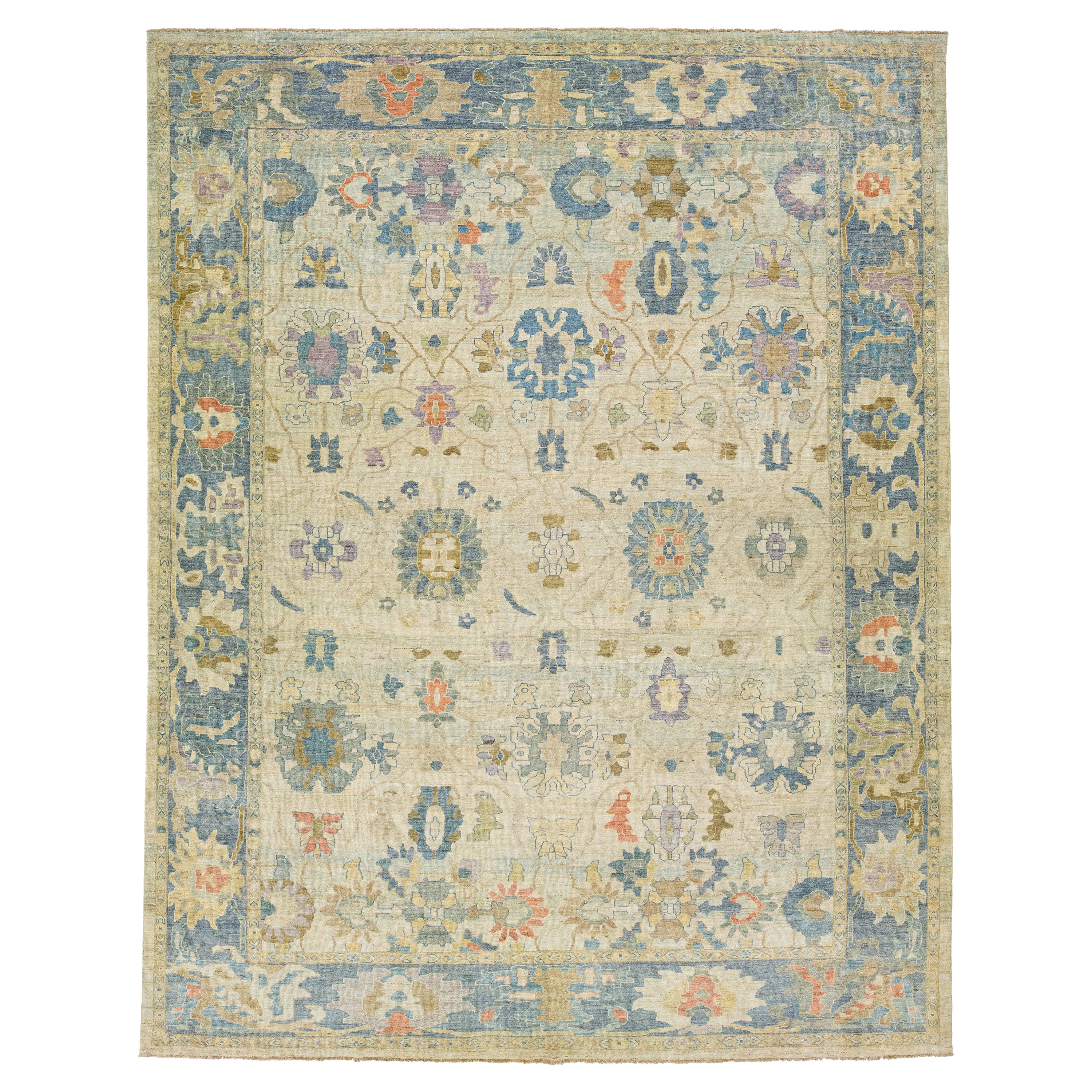 Tapis moderne en laine beige Sultanabad à motifs floraux multicolores