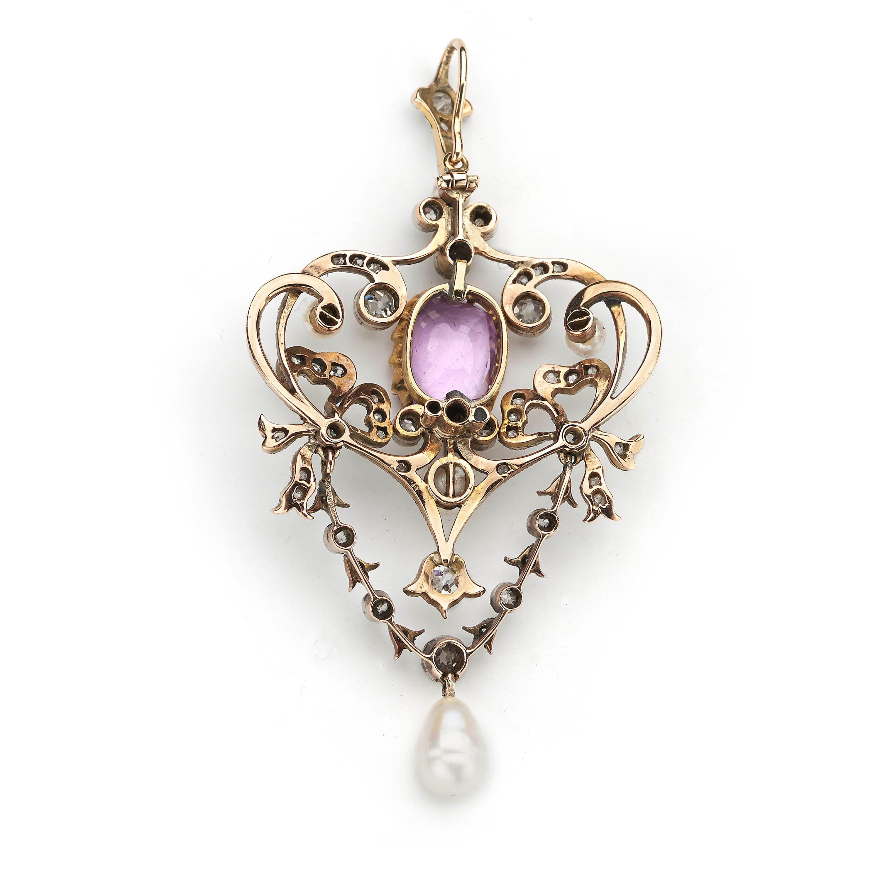 Cushion Cut Modern Belle Epoque Style Pink Sapphire, Pearl, Diamond, Silver and Gold Pendant For Sale