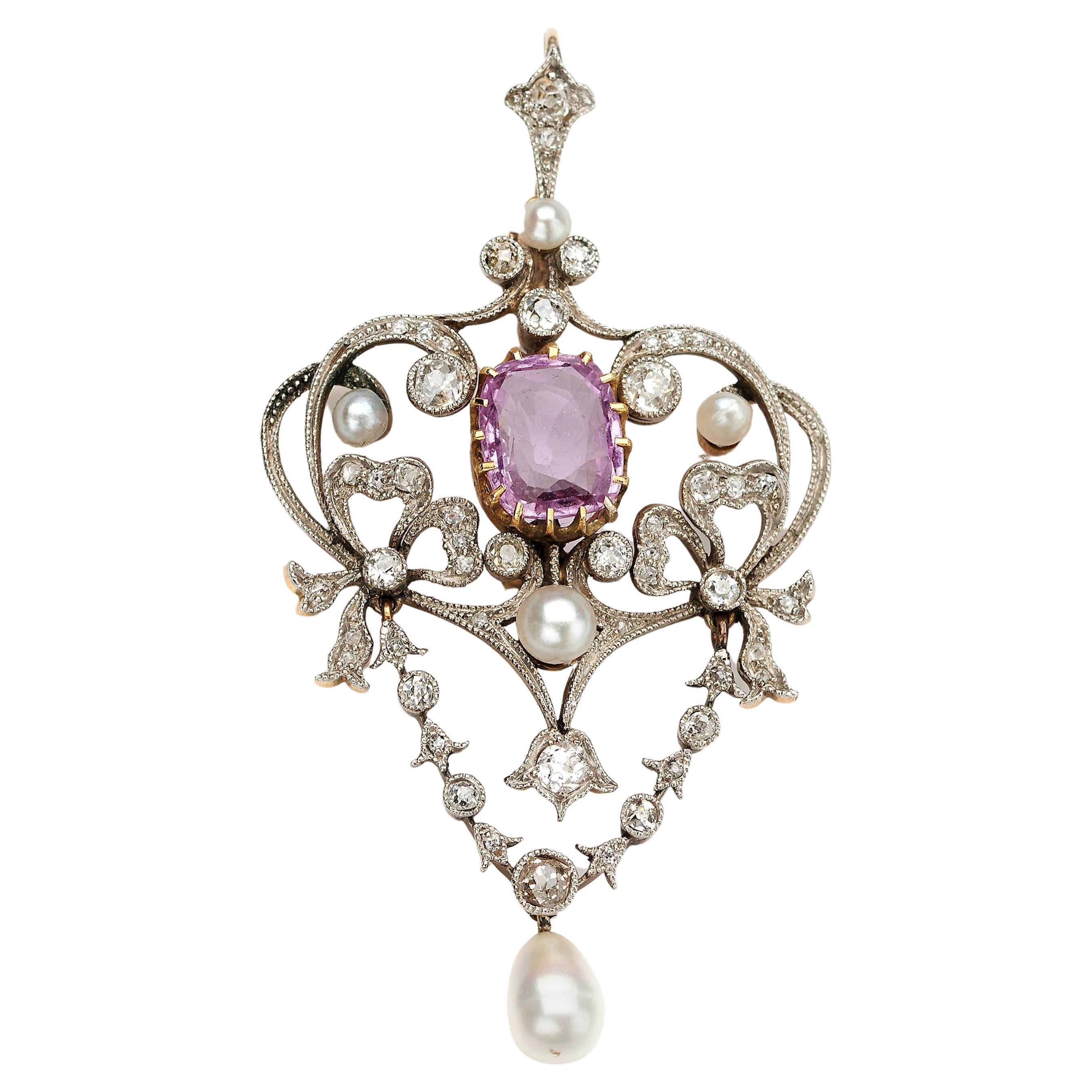 Modern Belle Epoque Style Pink Sapphire, Pearl, Diamond, Silver and Gold Pendant