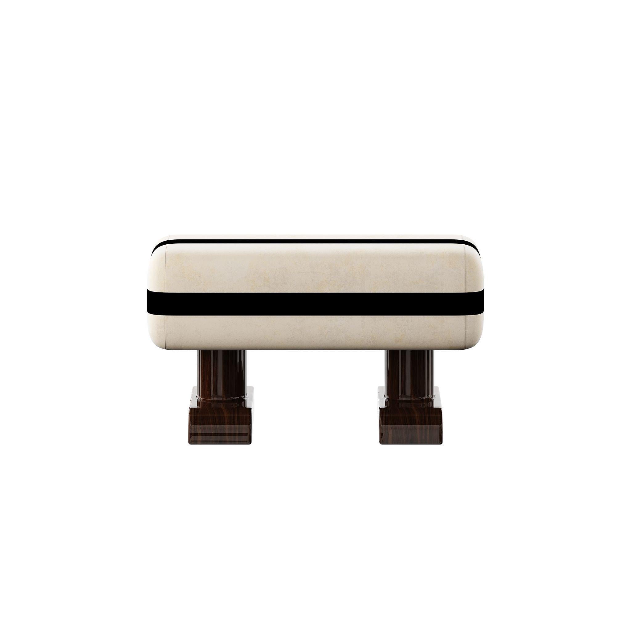 Mid-Century Modern Bench Cream Seat with Black Ribbon Print & Glossy Walnut Legs
The Fita Bench is a bold reinterpretation of craftsmanship excellence, blending timeless elegance with modern aesthetics. Upholstered in cream fabric wrapped in a