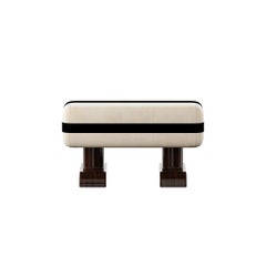 Modern Bench Classic Insp Cream Seat with Black Ribbon Print, Glossy Walnut Legs