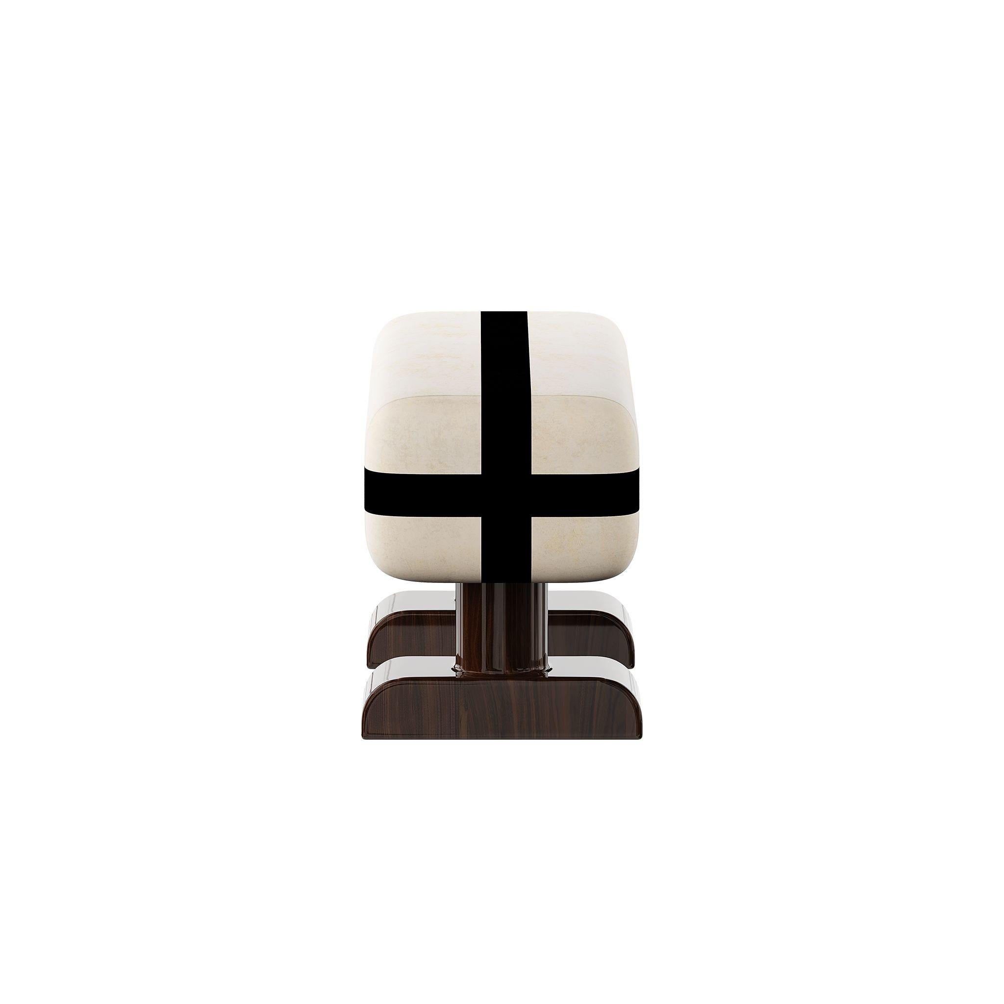 Mid-Century Modern Modern Bench Classic Insp Cream Seat with Black Ribbon Print, Glossy Walnut Legs For Sale