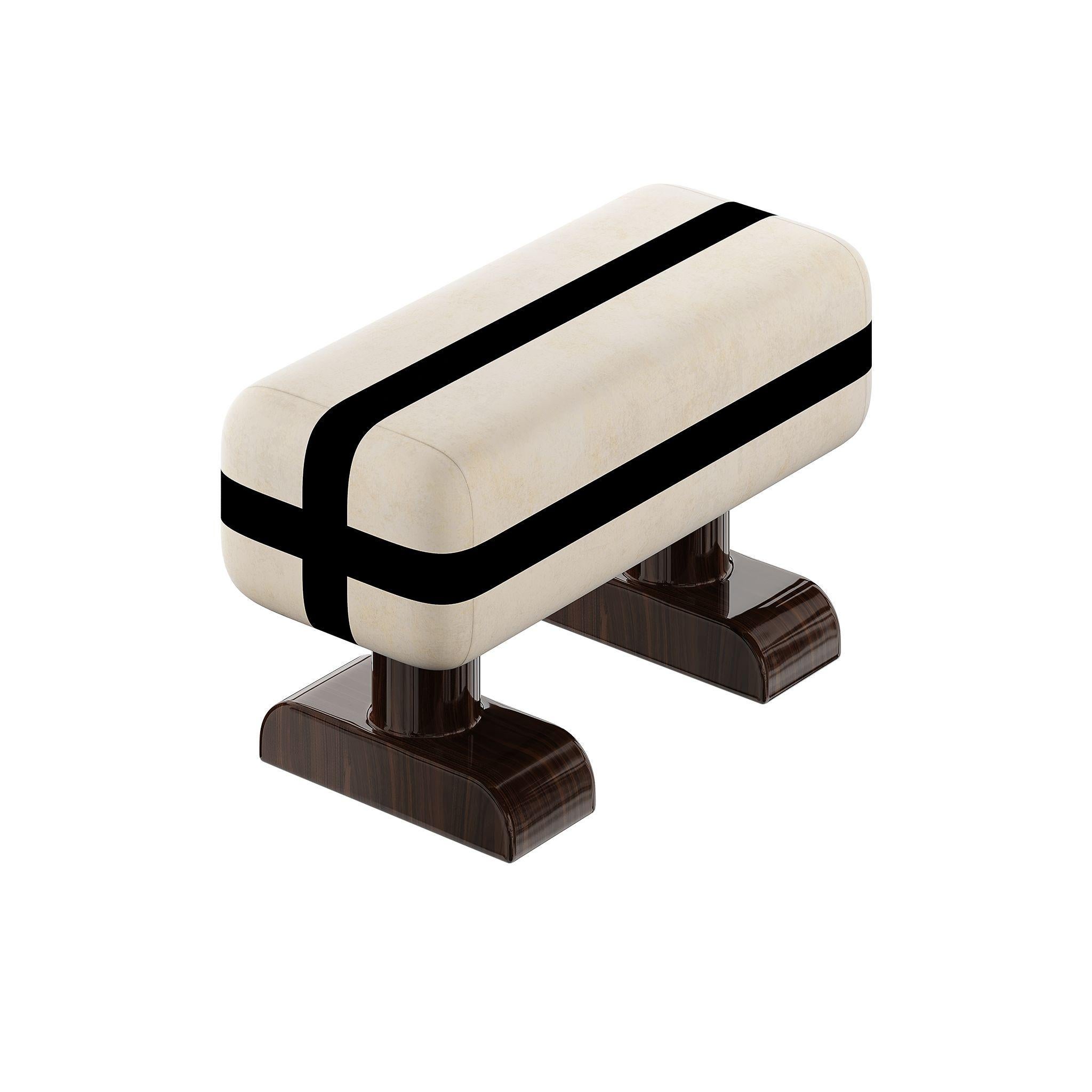 Portuguese Modern Bench Classic Insp Cream Seat with Black Ribbon Print, Glossy Walnut Legs For Sale