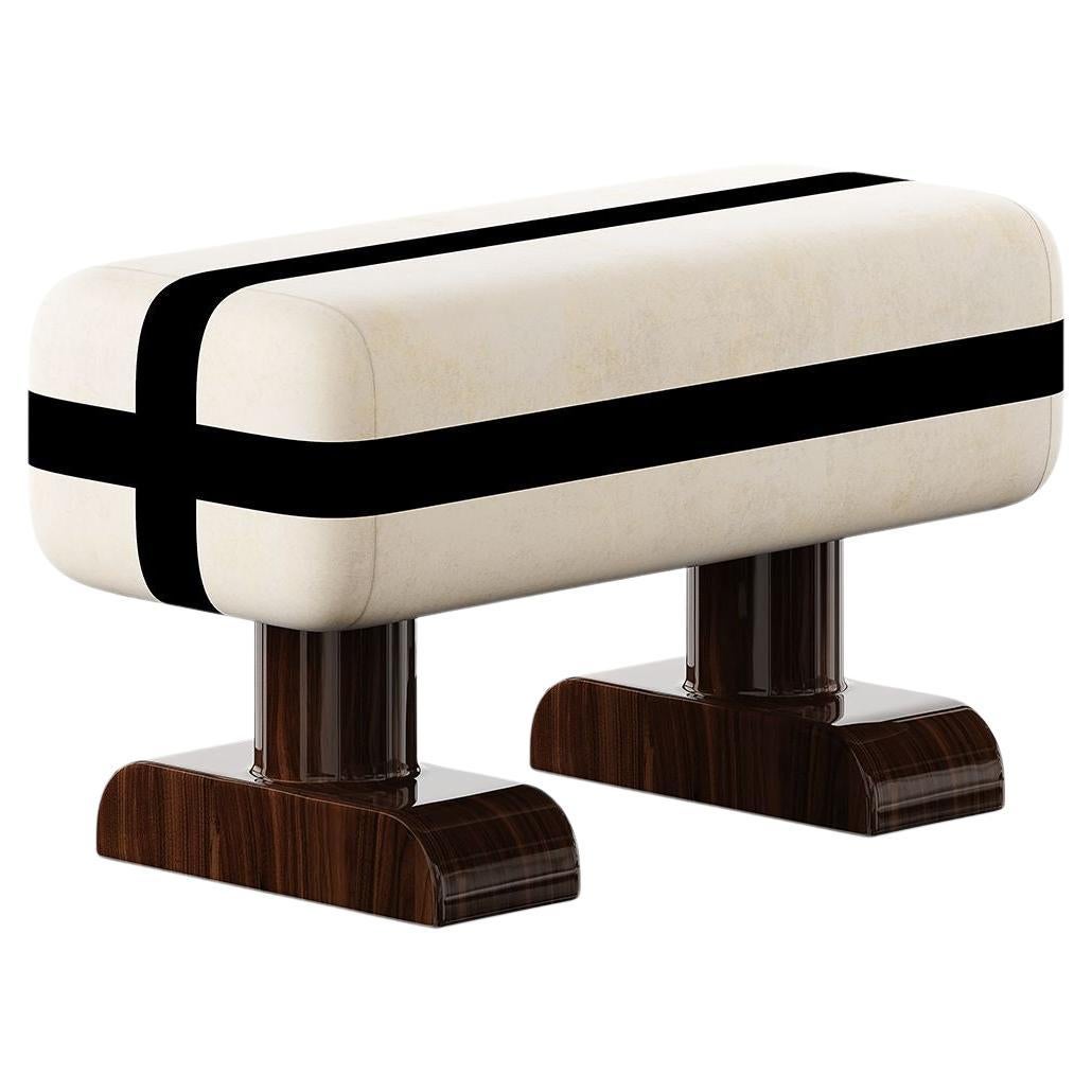 Modern Bench Classic Insp Cream Seat with Black Ribbon Print, Glossy Walnut Legs
