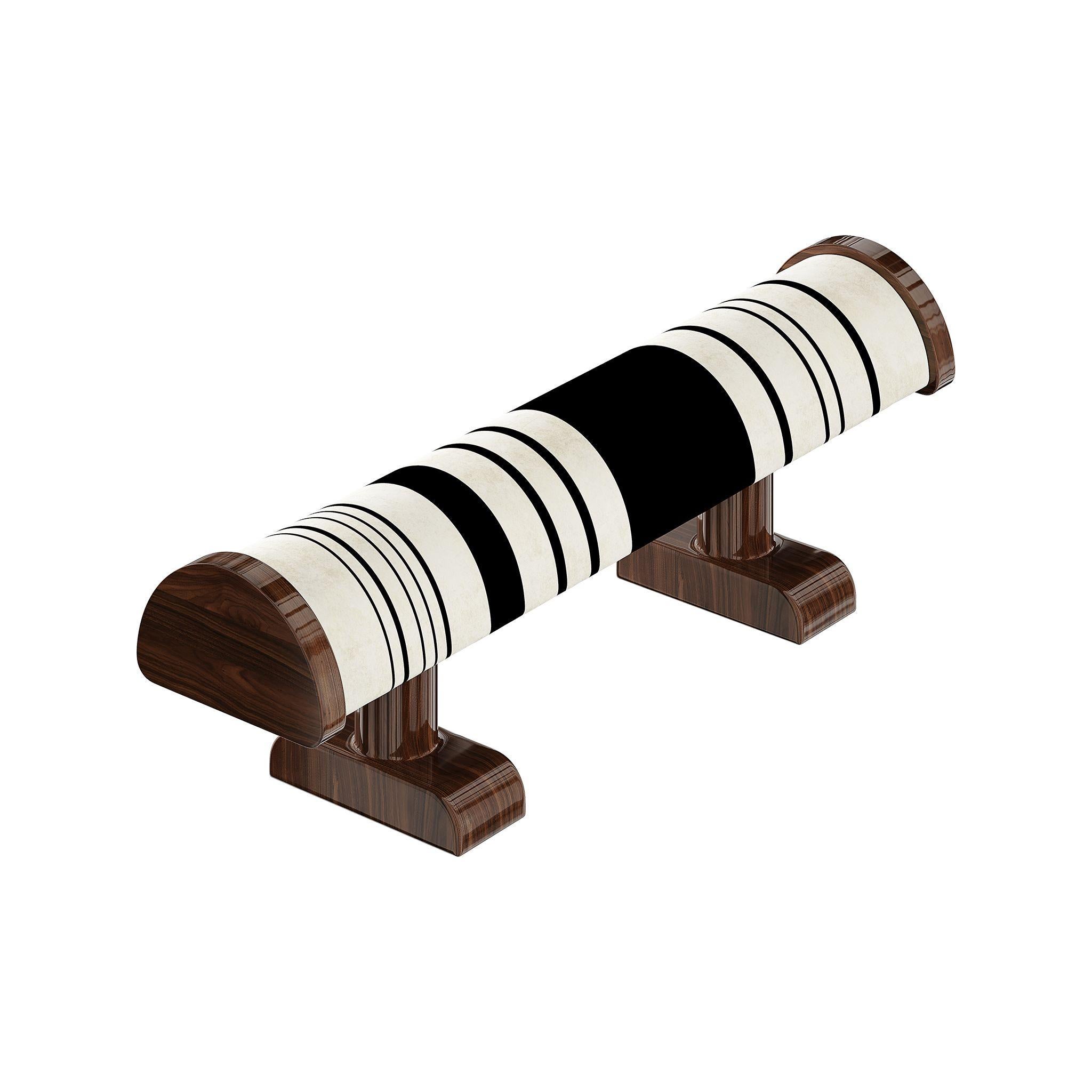 Portuguese Modern Bench Equestrian Inspo Seat in Black and White Wtriped Fabric Walnut Legs For Sale
