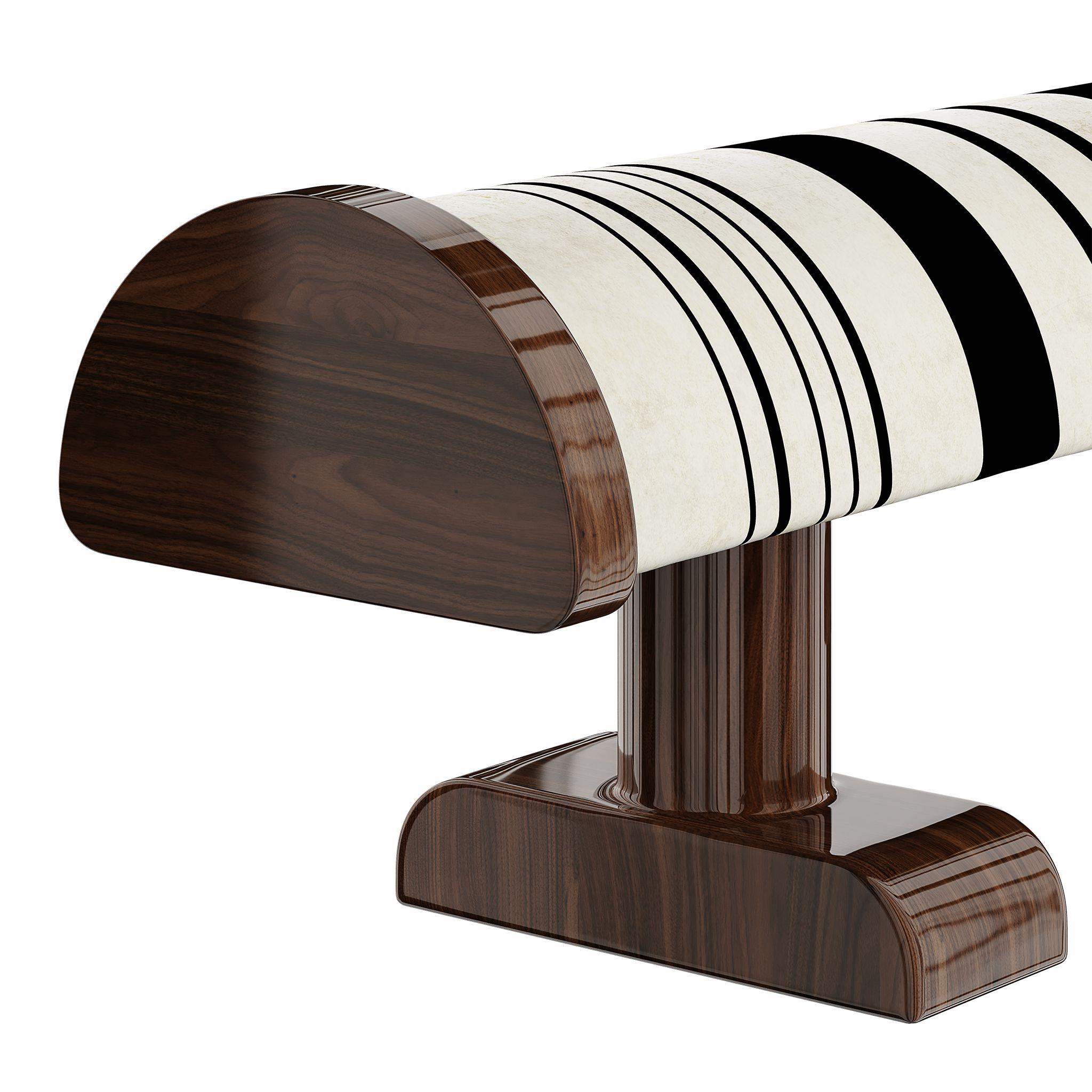 Hand-Crafted Modern Bench Equestrian Inspo Seat in Black and White Wtriped Fabric Walnut Legs For Sale