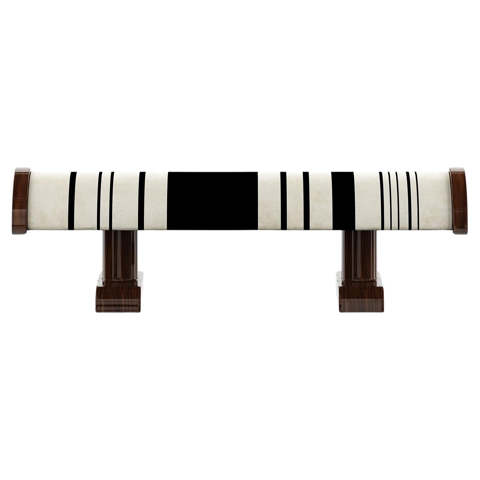 Modern Bench Equestrian Inspo Seat in Black and White Wtriped Fabric Walnut Legs For Sale