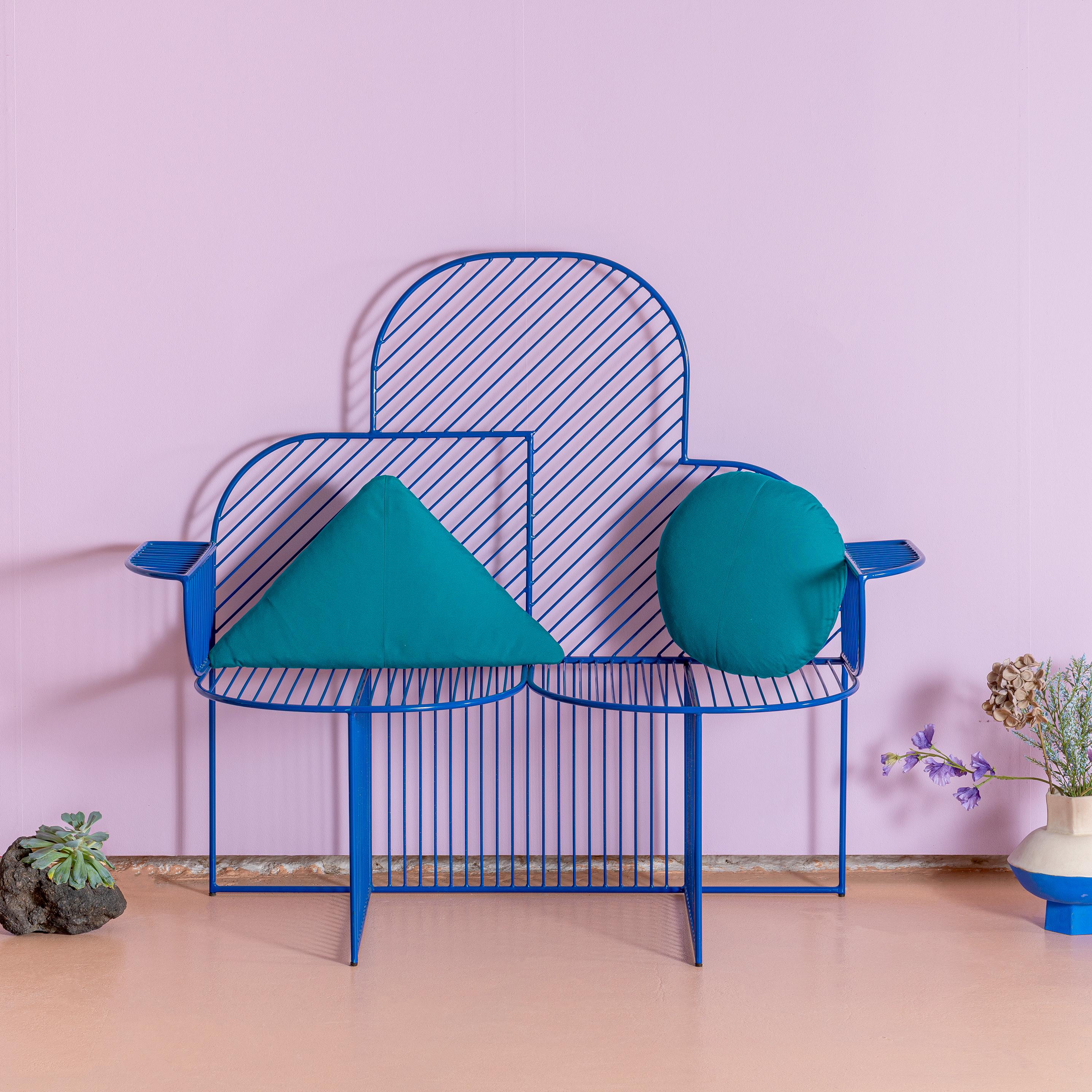 Powder-Coated Modern Bench, Wire Cloud Bench by Bend Goods, Electric Blue