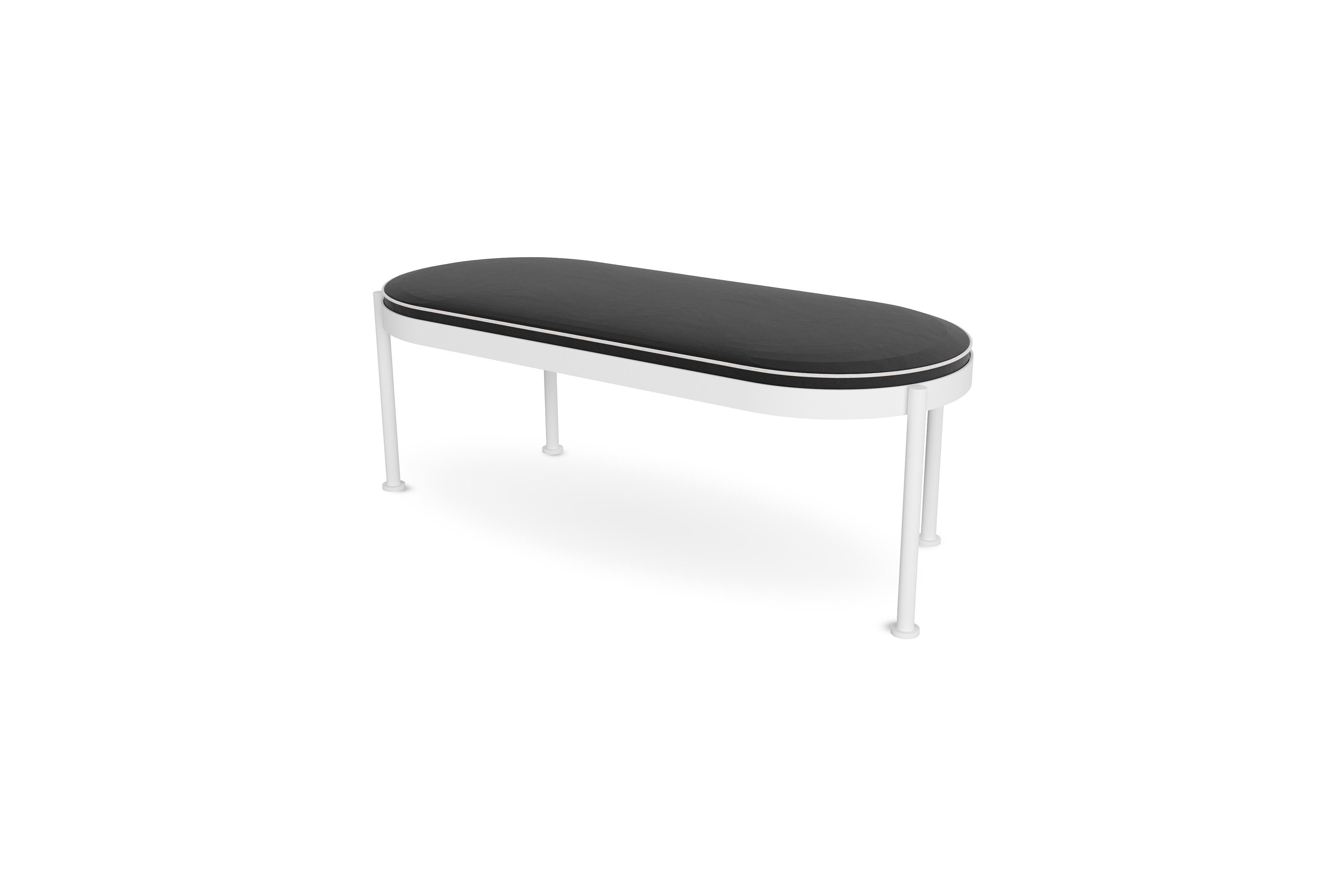 Modern Bench with Back in Black Stainless Steel and Black Water-Resistant Fabric For Sale