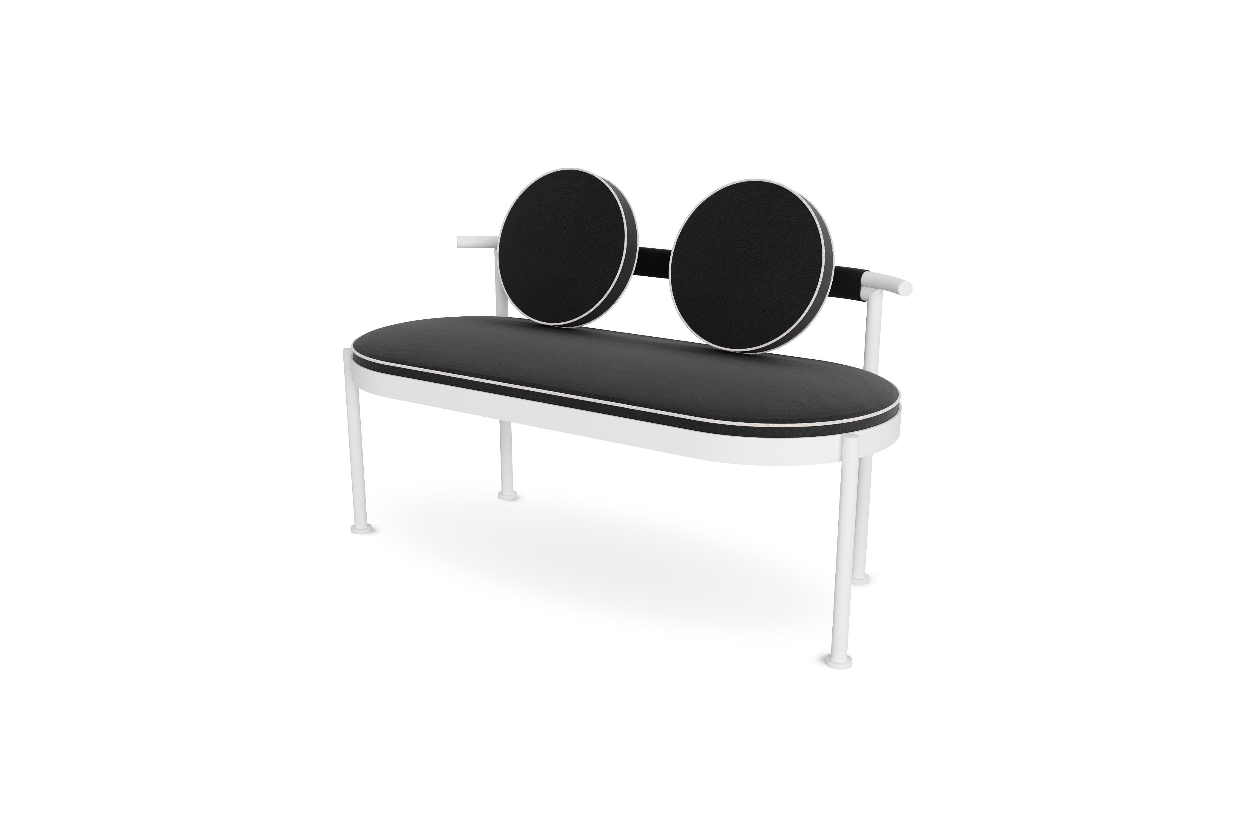 Modern Bench with Back in Black Stainless Steel and Black Water-Resistant Fabric For Sale