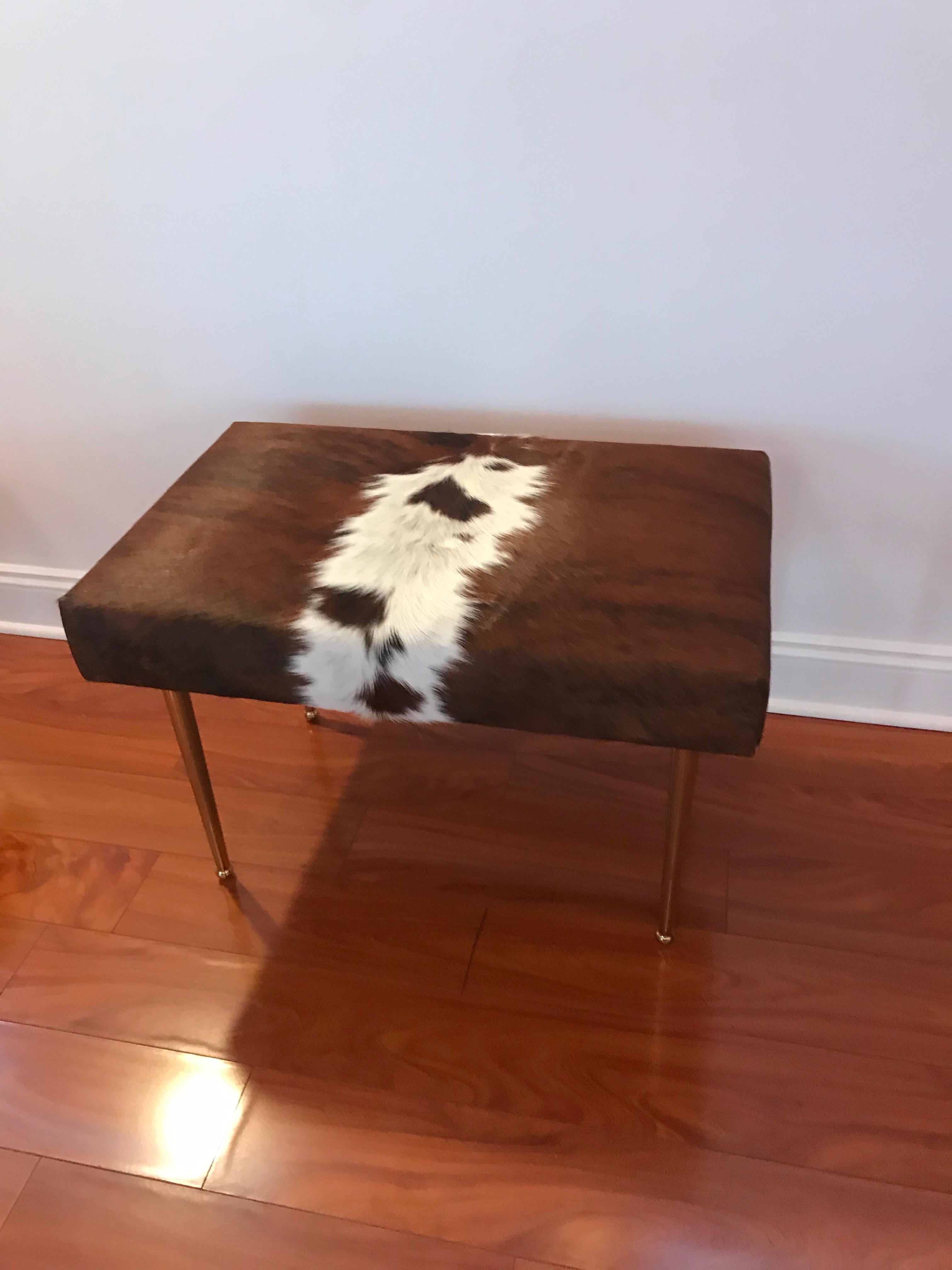 Modern Bench with Brass and Cow Hide In Excellent Condition In North Bergen, NJ