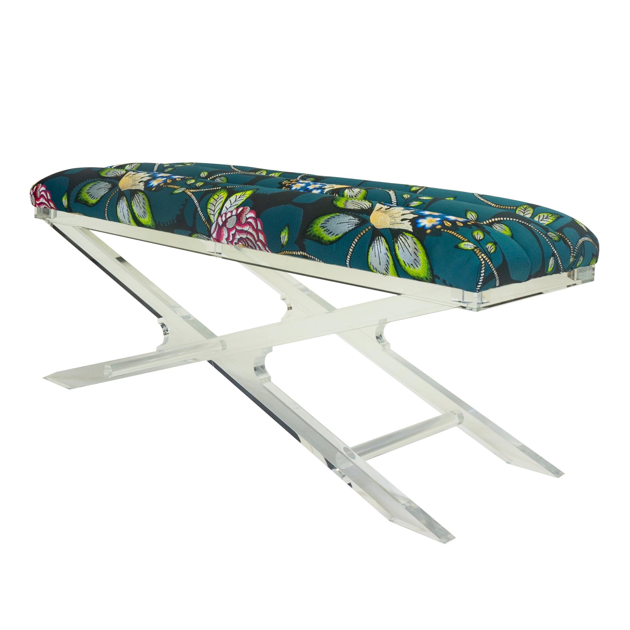 Modern Bench With Floral Channel Cushion And Lucite Base For Sale