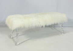 Modern Bench With Lucite Hooved Legs & Mongolian Fur Upholstery