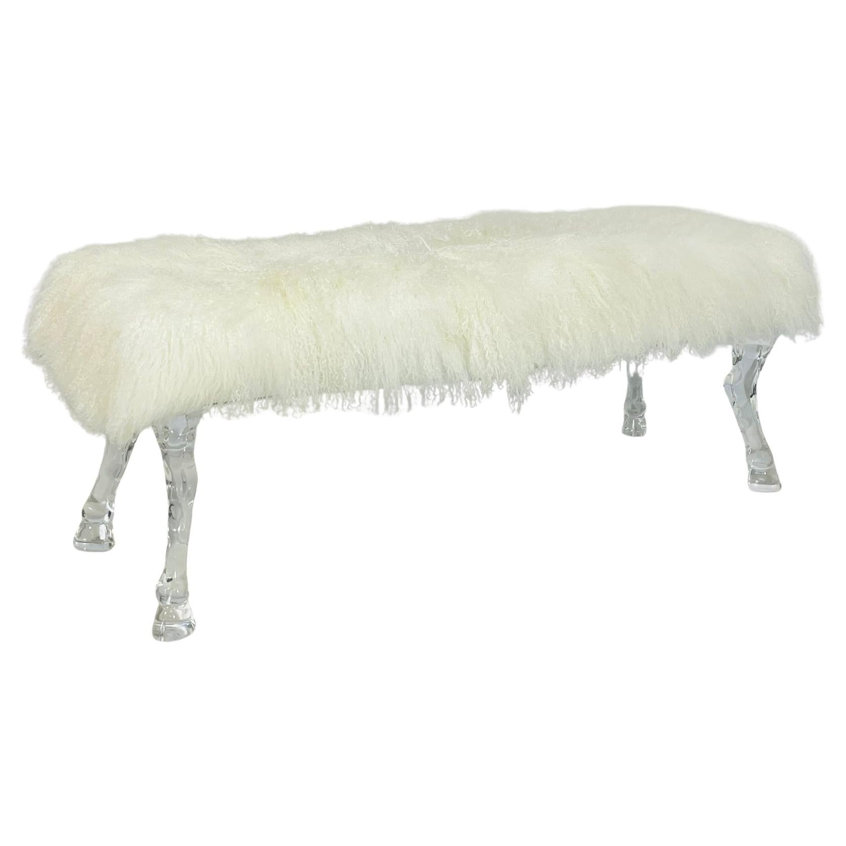 Modern Bench With Lucite Hooved Legs & Mongolian Fur Upholstery