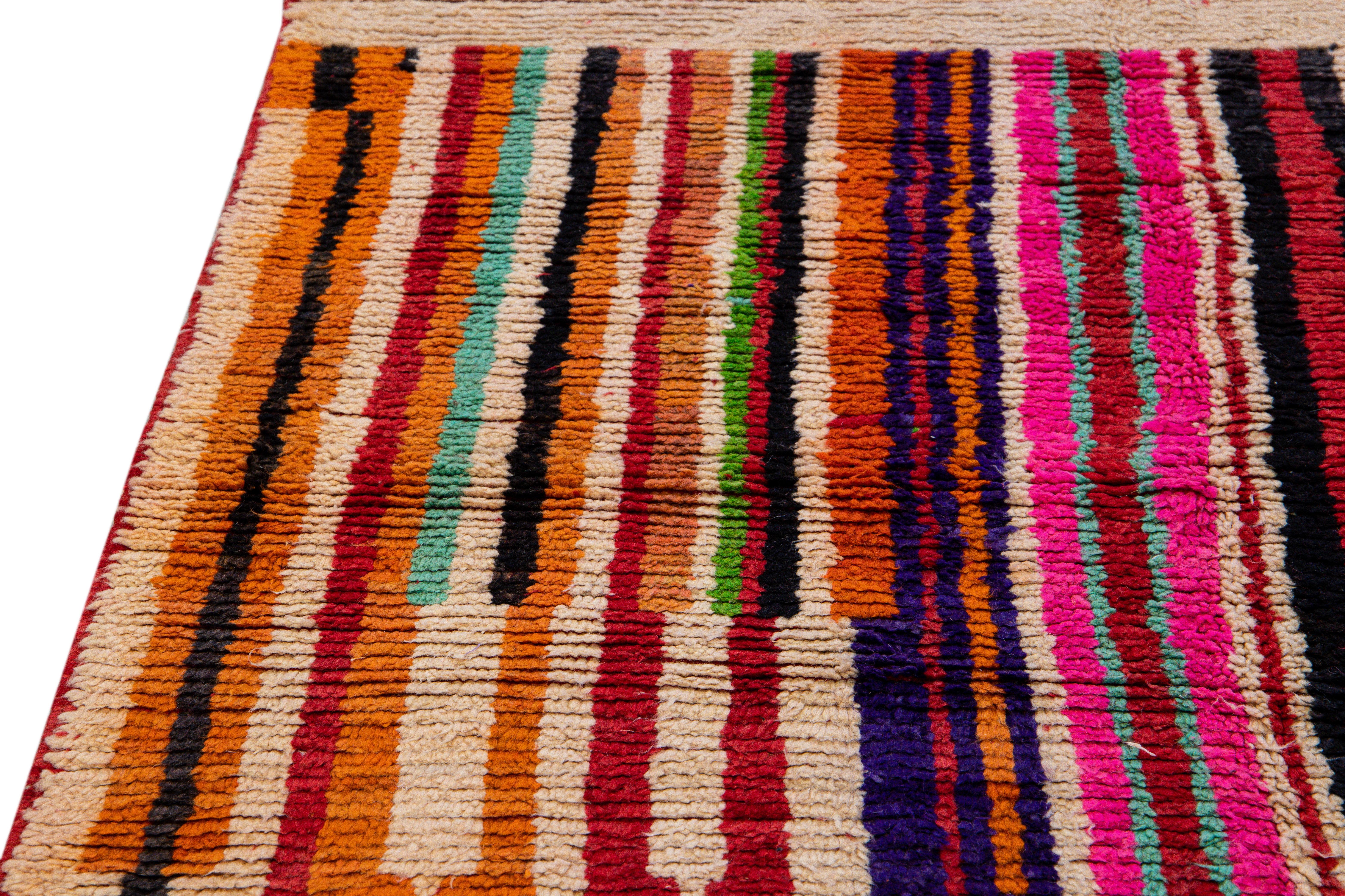 Vintage Beni Ourain Moroccan Handmade Multicolor Designed Beige Wool Rug For Sale 4