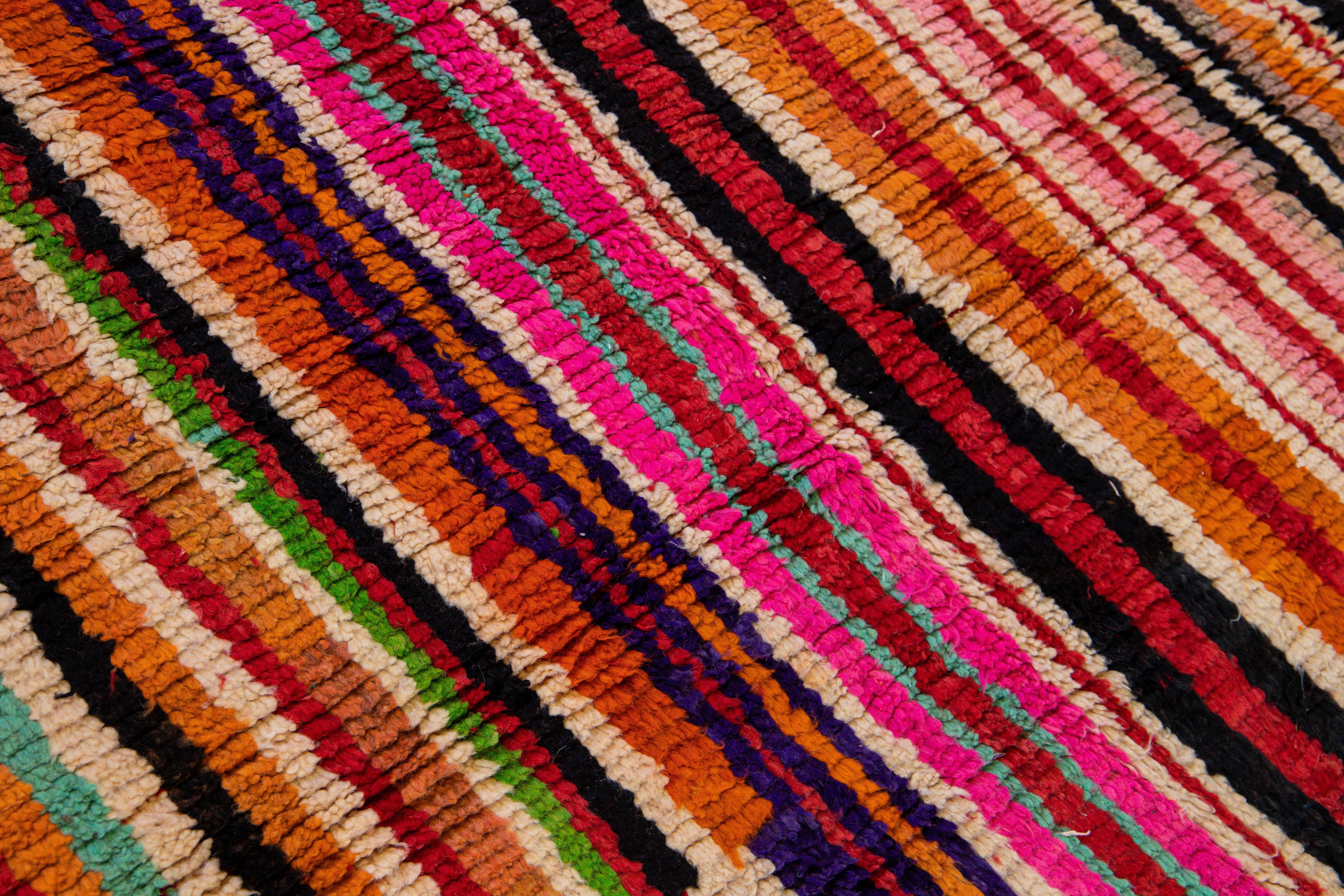 Vintage Beni Ourain Moroccan Handmade Multicolor Designed Beige Wool Rug For Sale 5