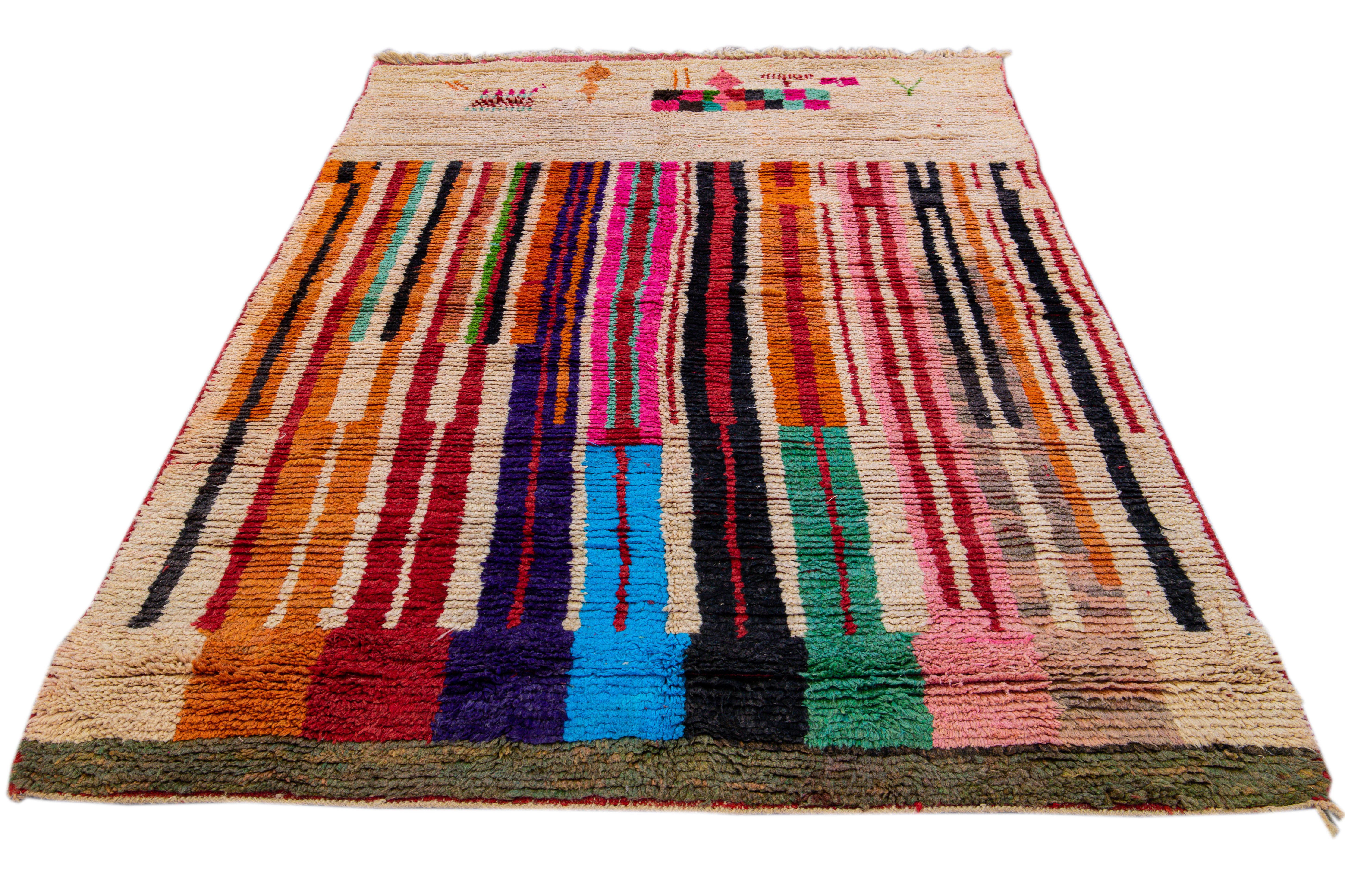 Folk Art Vintage Beni Ourain Moroccan Handmade Multicolor Designed Beige Wool Rug For Sale