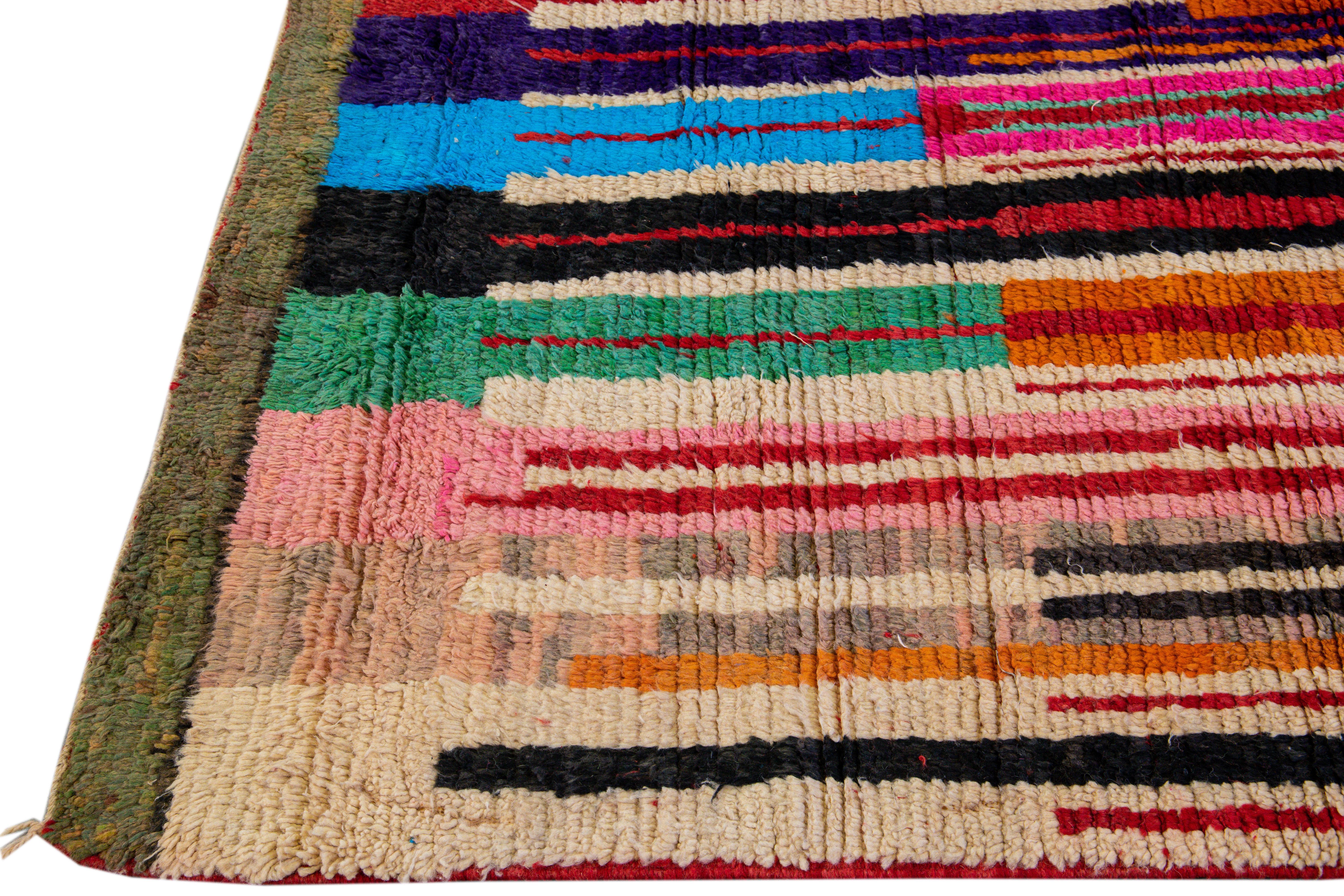 Hand-Knotted Vintage Beni Ourain Moroccan Handmade Multicolor Designed Beige Wool Rug For Sale