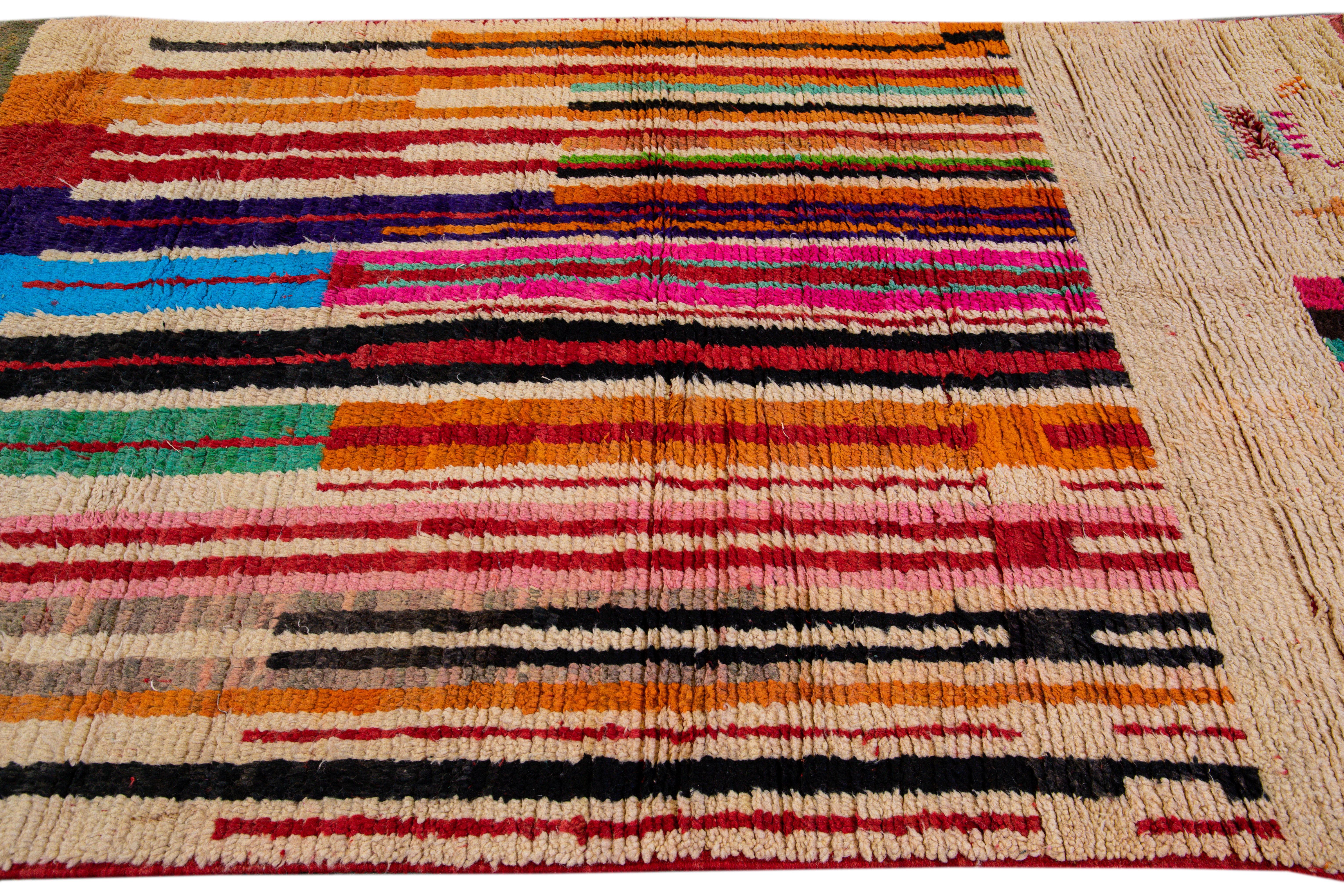 20th Century Vintage Beni Ourain Moroccan Handmade Multicolor Designed Beige Wool Rug For Sale
