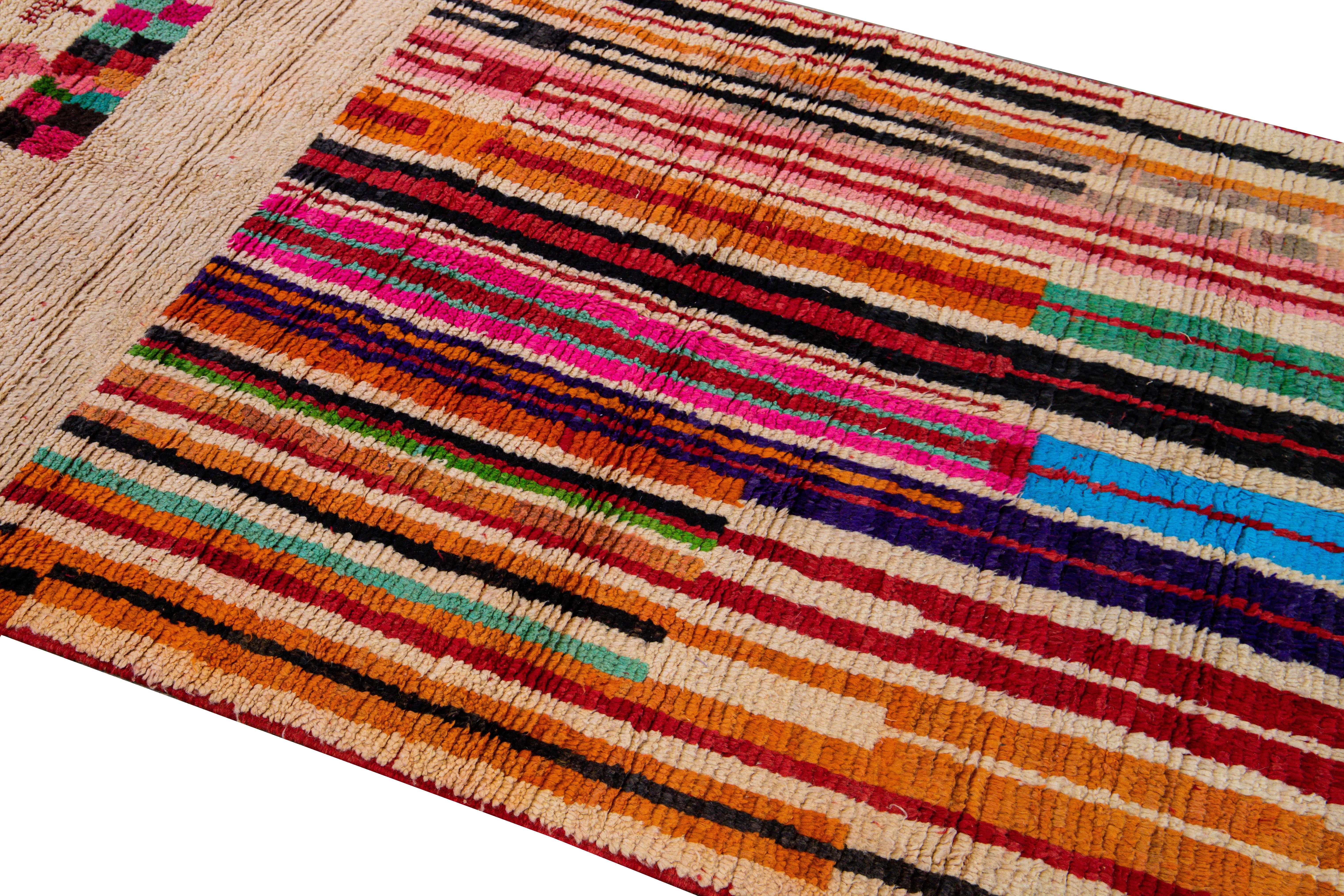 Vintage Beni Ourain Moroccan Handmade Multicolor Designed Beige Wool Rug For Sale 1