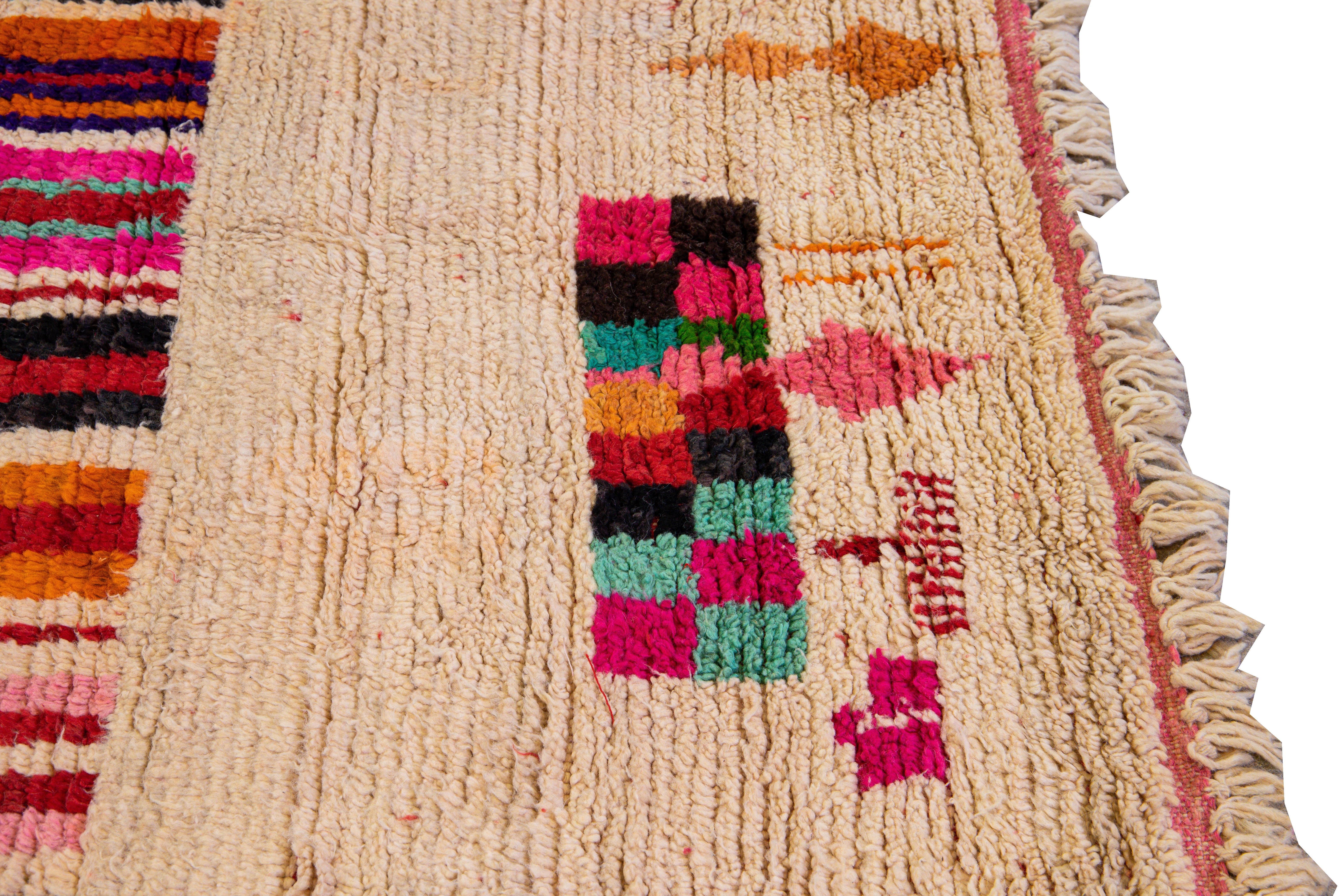 Vintage Beni Ourain Moroccan Handmade Multicolor Designed Beige Wool Rug For Sale 2