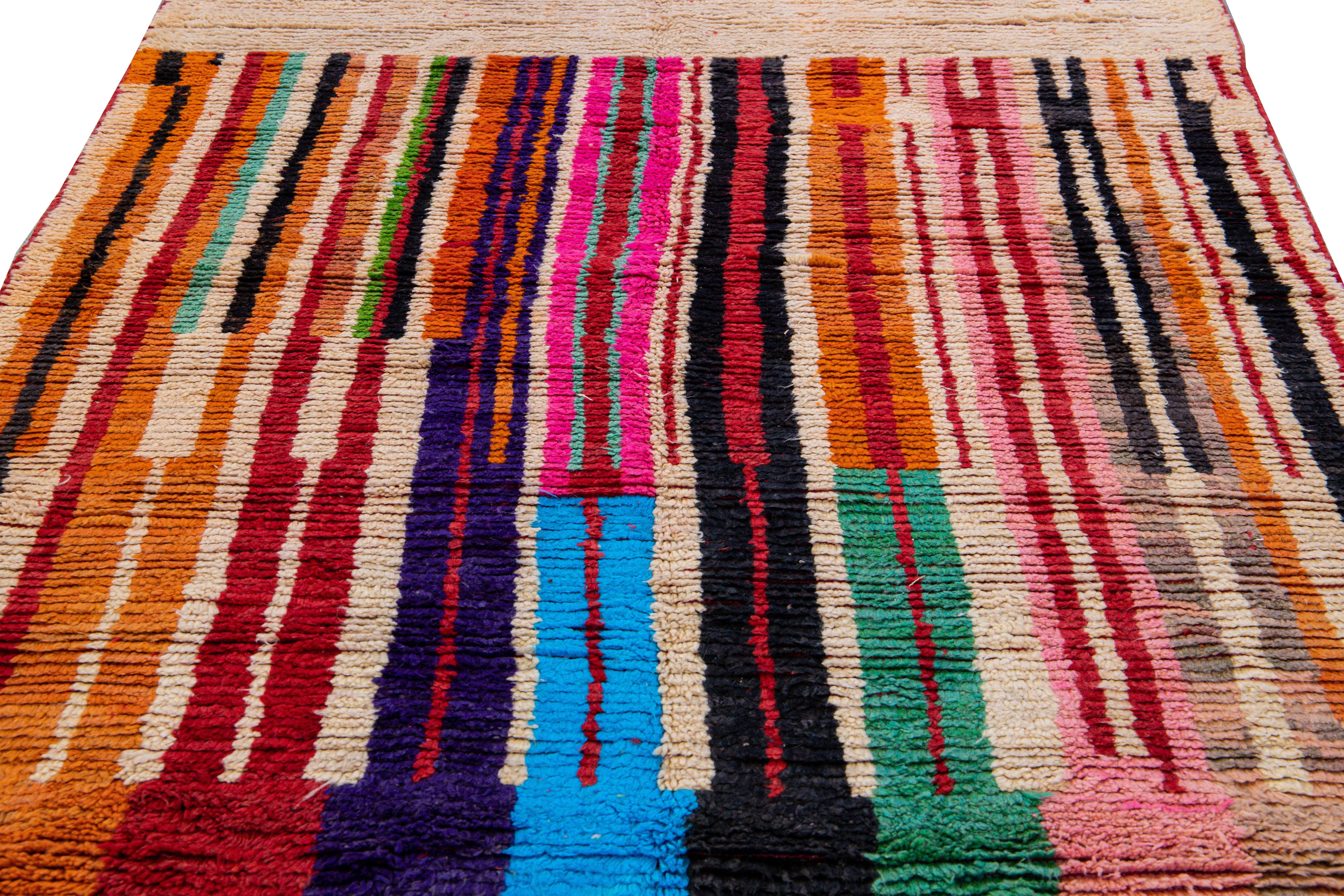 Vintage Beni Ourain Moroccan Handmade Multicolor Designed Beige Wool Rug For Sale 3