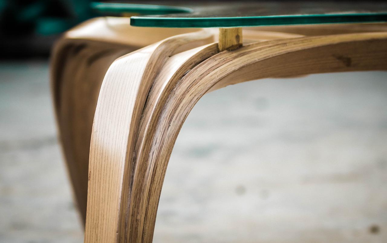 Contemporary Modern Bent Wood Coffee Table with Safety Glass Top by Raka Studio For Sale