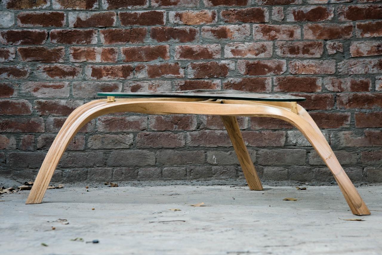 Ash Modern Bent Wood Coffee Table with Safety Glass Top by Raka Studio For Sale
