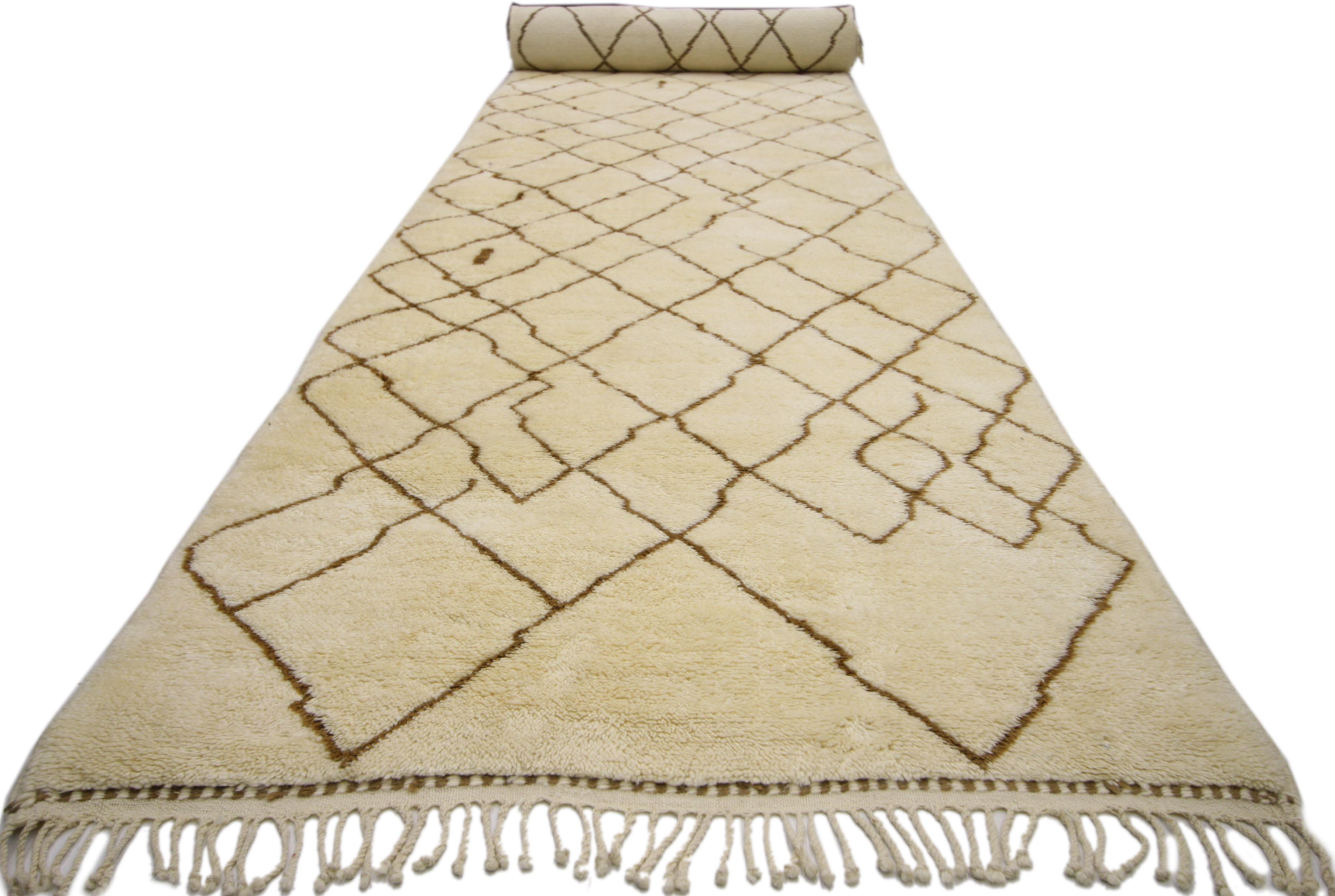 Hand-Knotted Modern Berber Moroccan Runner with Tribal Design, Moroccan Long Hallway Runner