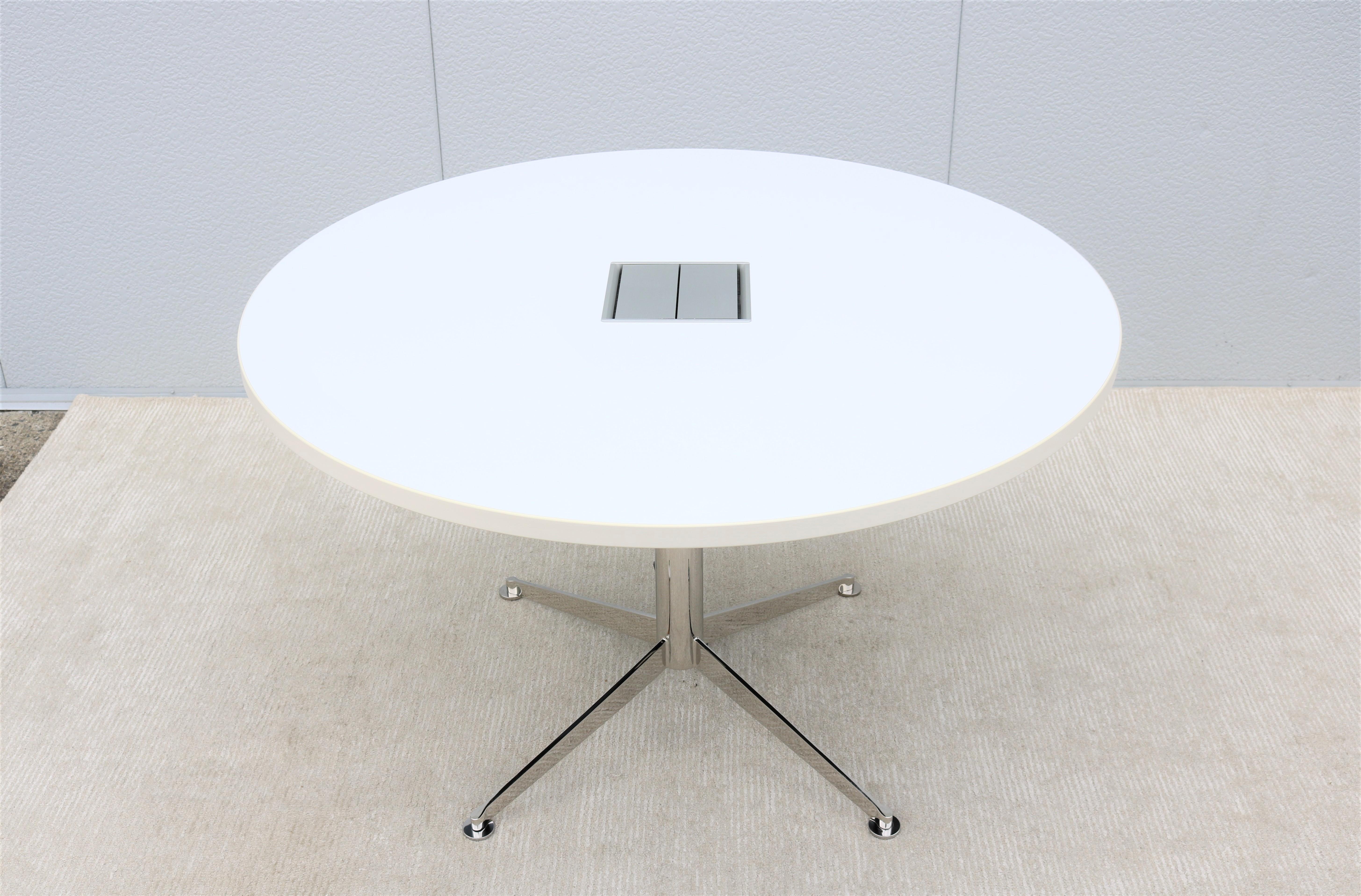 Polished Modern Bernhardt Design Circuit Round White Laminate Top Conference Table For Sale
